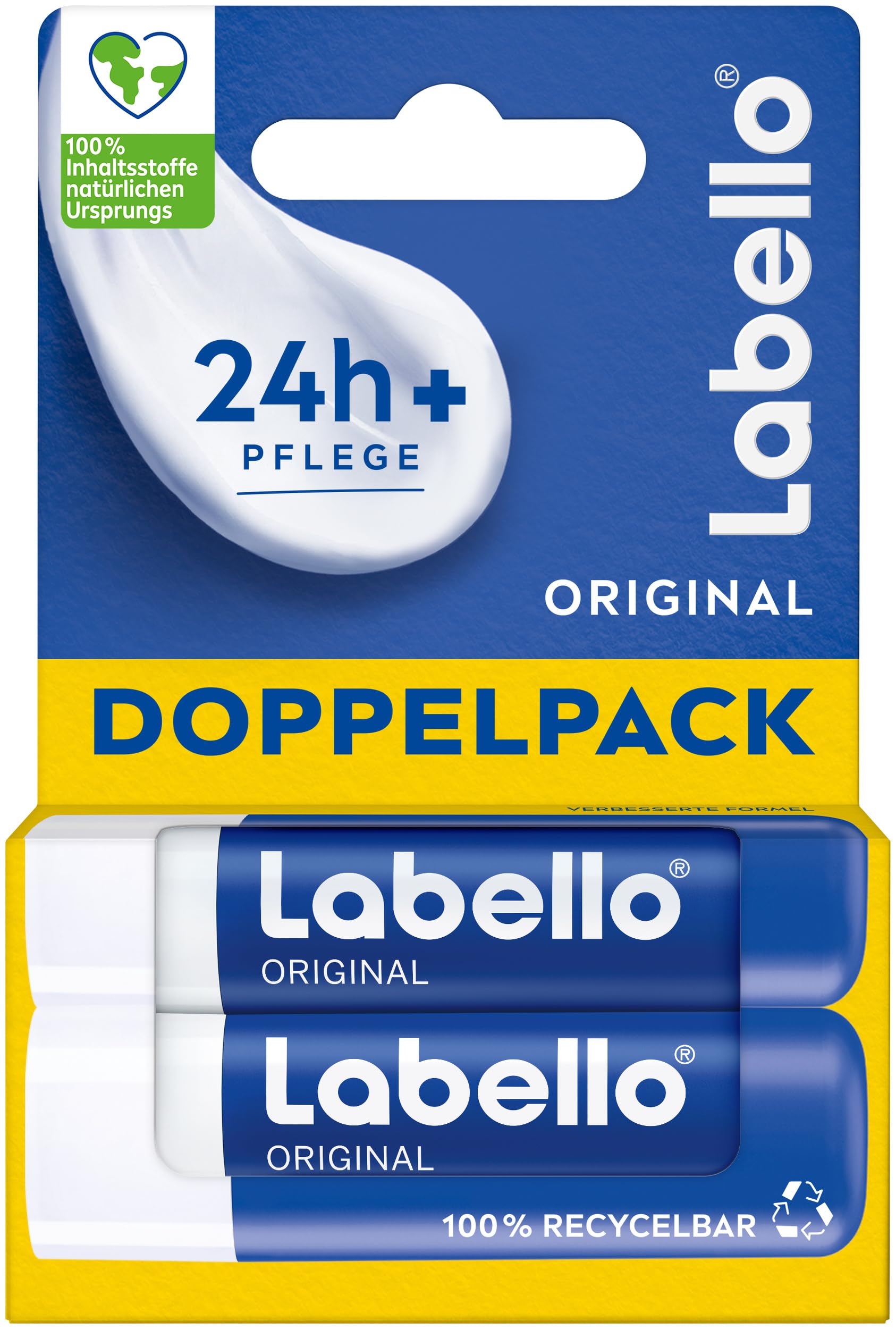 Labello Original Lippenpflegestift Doppelpack, hochwirksame Lippenpflege mit Sheabutter, Vitaminen und natürlichen Ölen, Lippenbalsam für mehr als 24h Feuchtigkeit (2x 4,8 g)