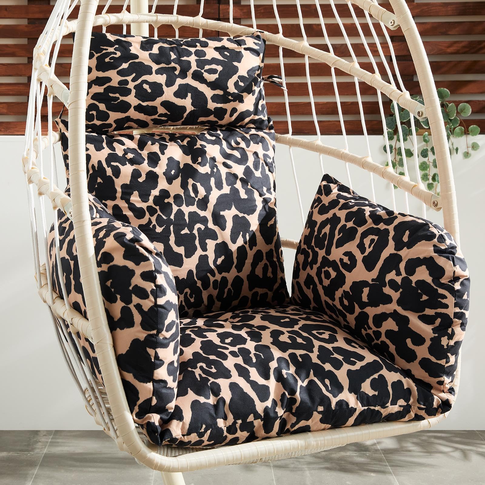 OHS Leopard Print Egg Chair Cushion, Rattan Hanging Swing Chair Cushion with Headrest Soft Thick Padded Egg Chairs for Garden Cushions Indoor Outdoor Use