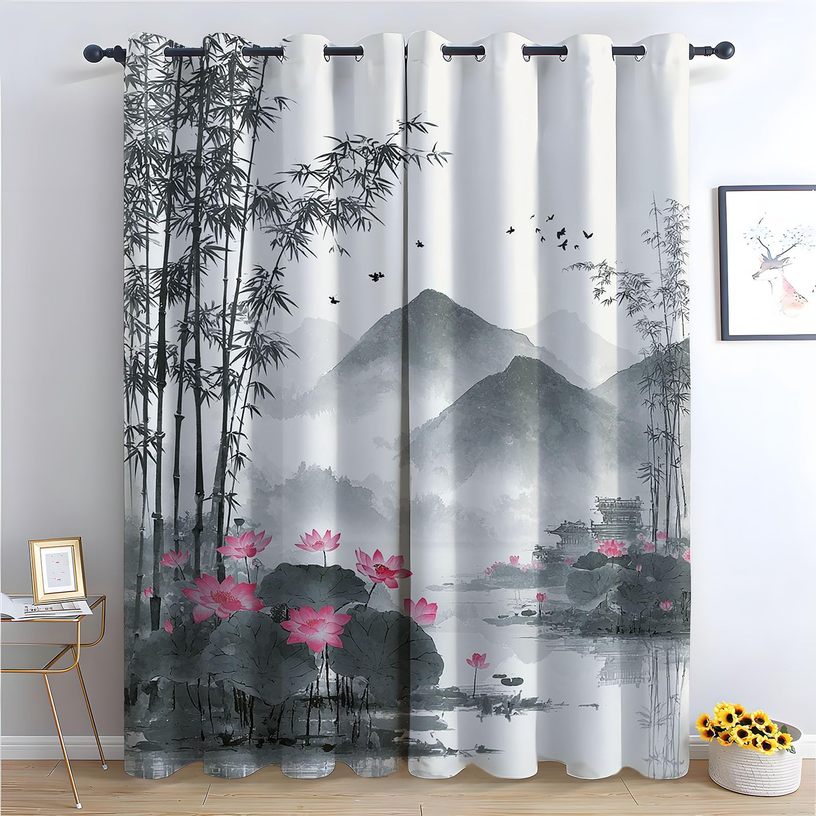 WQBQKKX Plants Curtains Ink Painting Green Patterned Curtains Vintage Art Deco Drapes Thermal Insulated Room Darkening Curtain-52 W x 96" L (Pack of 2)