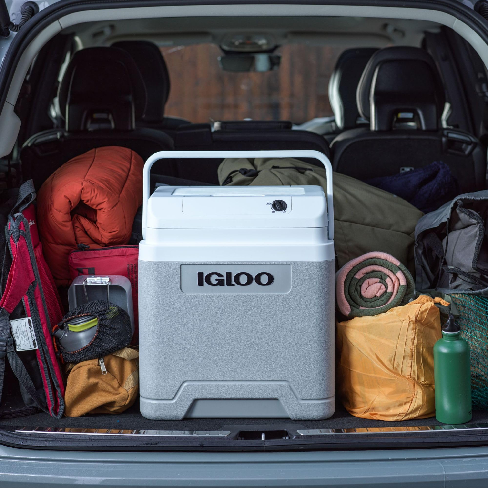 IGLOO IE27 elektryczna lodówka turystyczna 12V/230V, 26L – kompaktowa lodówka samochodowa na kemping, wakacje, łódź i festiwale, lekka i przenośna, ze schowkiem na kabel oraz trybem Eco/Max