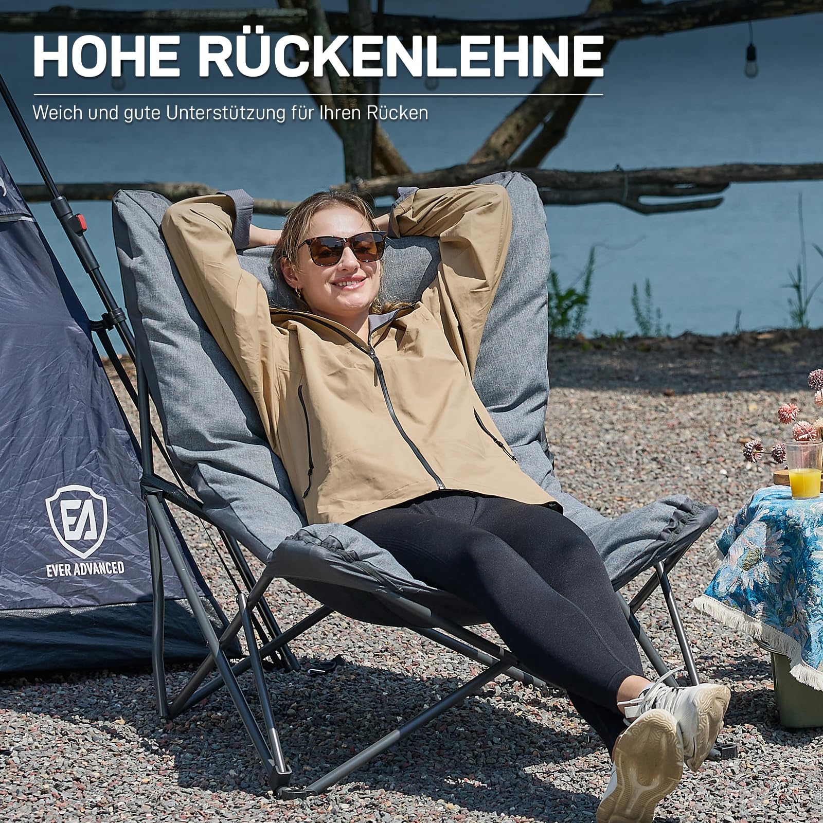 EVER ADVANCED Luxus Campingstuhl Faltbar XXL 180KG Belastbar, Übergroß Campingsessel Klappstuhl Dick Gepolstert mit Hochlehne, Gartenstuhl Relaxsessel für Camping Garten Balkon Angeln Festival Indoor