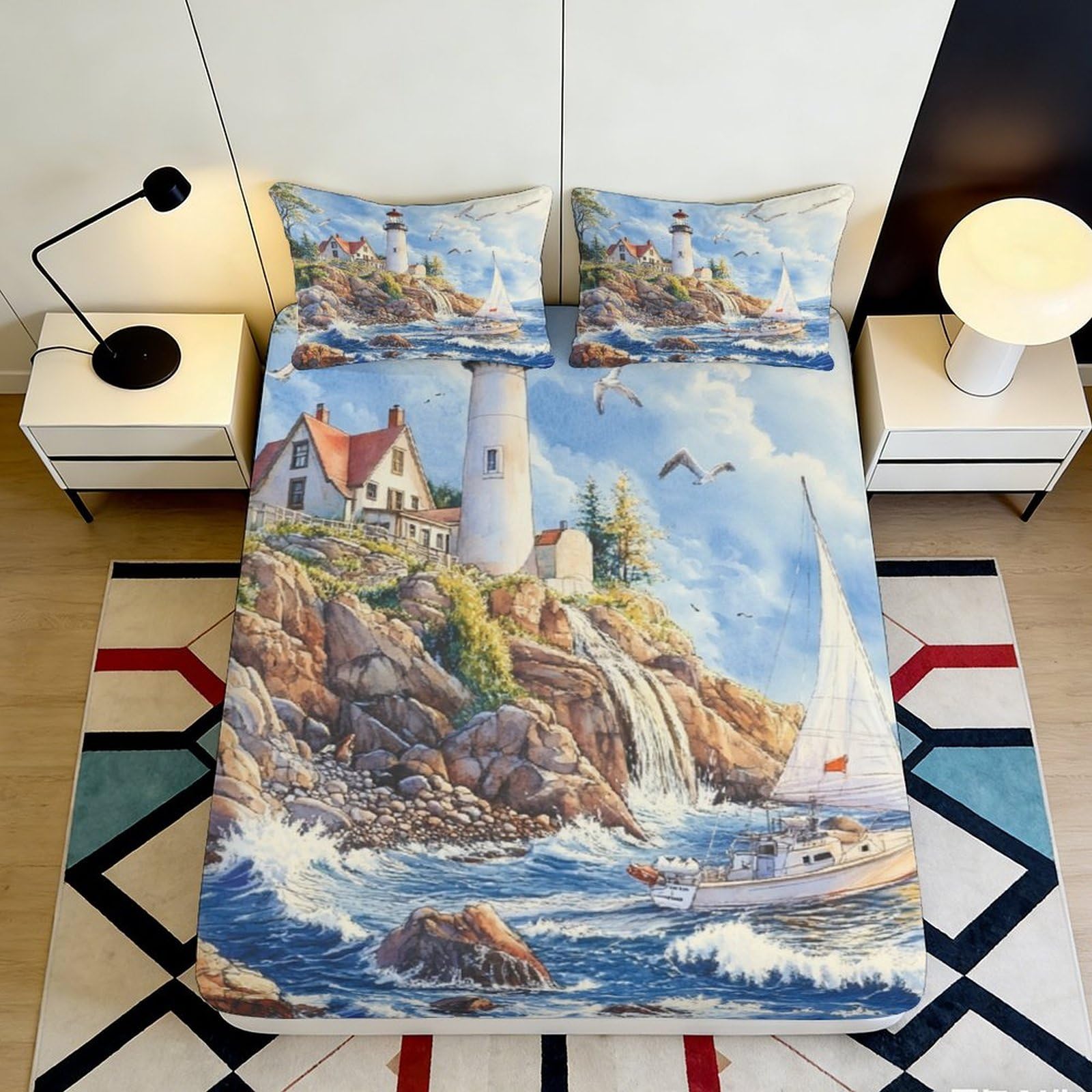 3D Printed Lighthouse Seaside Fitted Sheet Microfiber Nautical Sailboat Bed Cover for Bedroom Guest Room Decor 90x200x25cm
