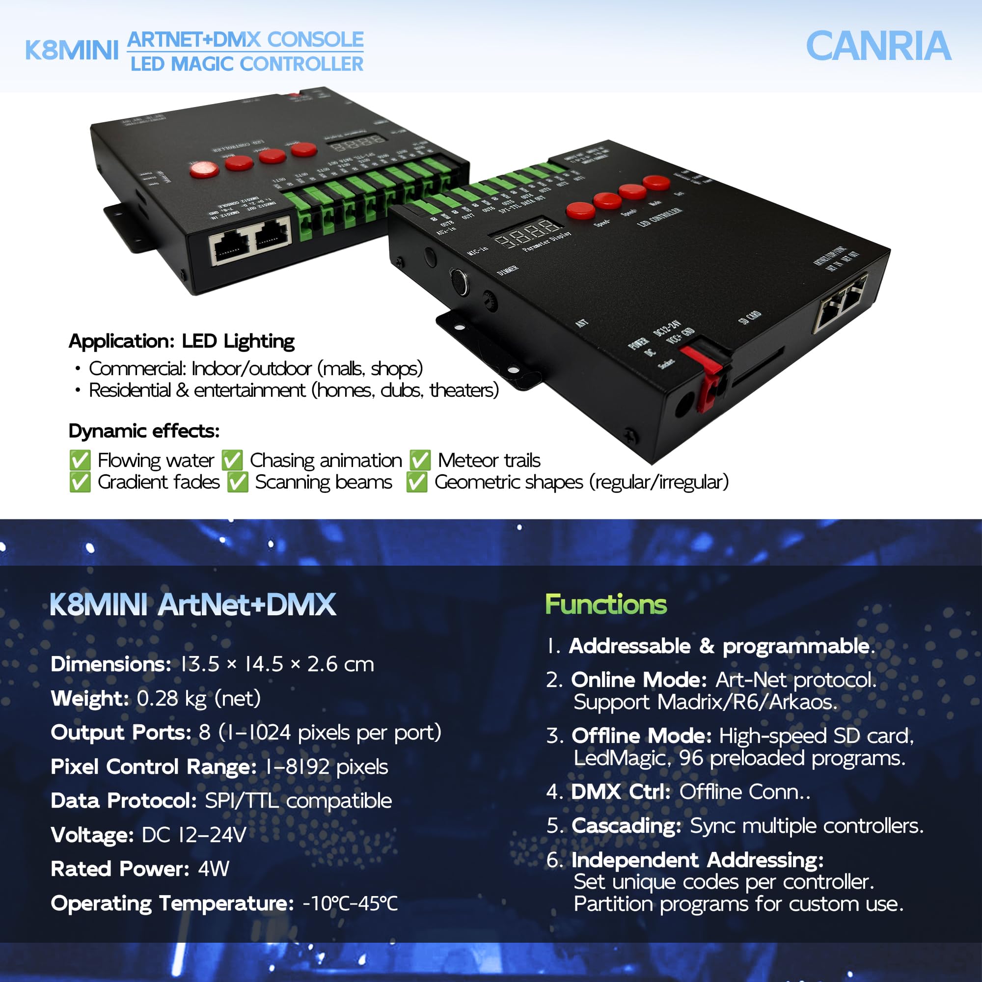 K8MINI ARTNET+DMX Konsole LED Pixel Controller, für SPI-TTL LED Licht, Online Offline, Adressierbar Programmierbar, 2G SD Karte mit 96 Programmmodi und Offline Software