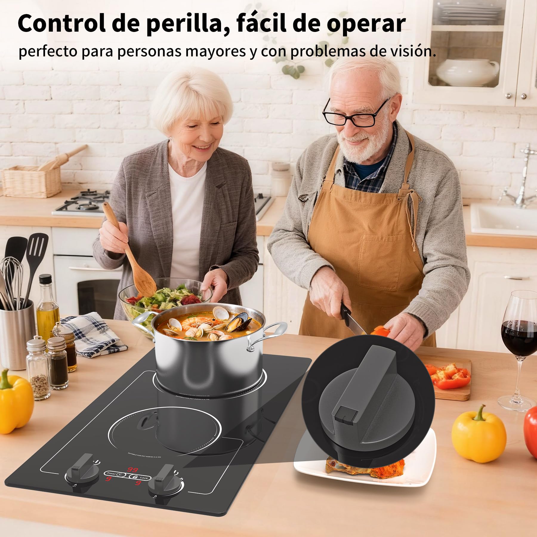 VBGK induccion 2 fuegos,220V 3000W placa induccion 2 fuegos con pantalla táctil LED, 10 niveles de potencia, bloqueo infantil y temporizador, protección contra sobrecalentamiento
