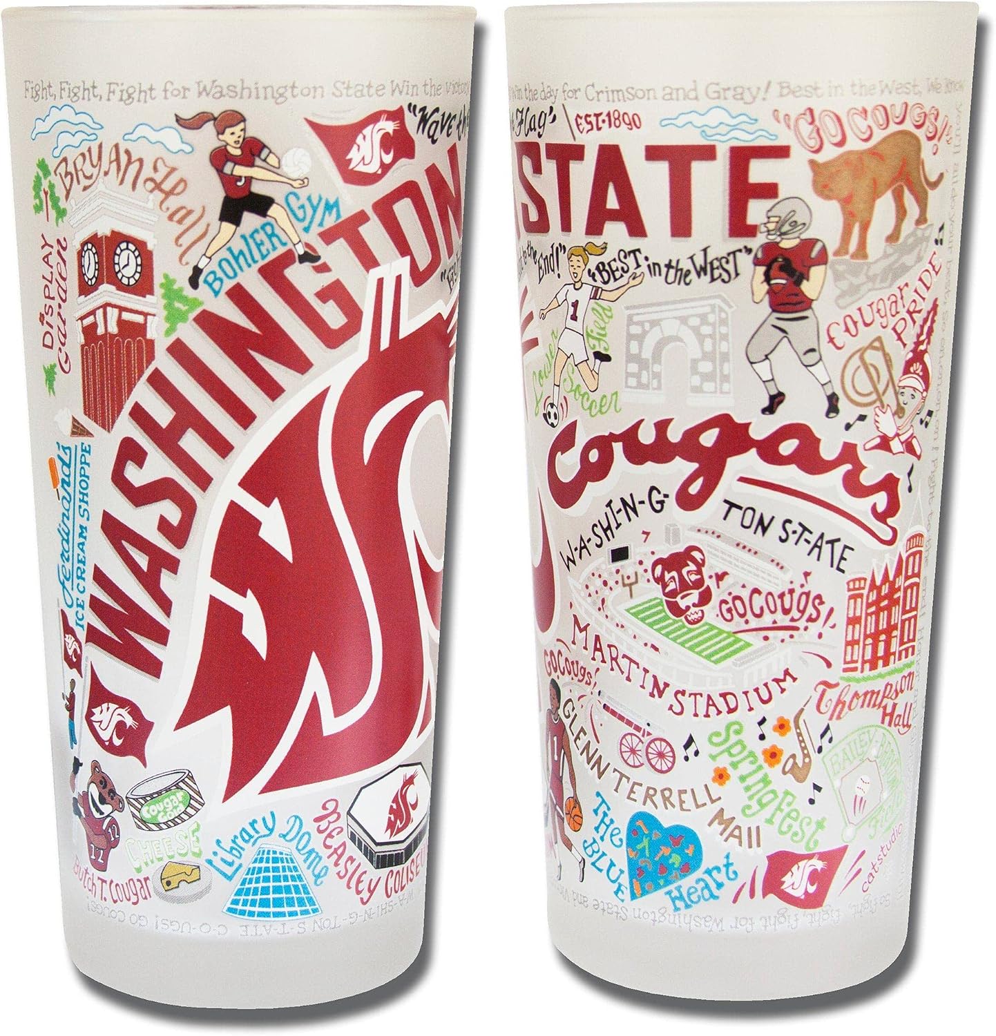 Catstudio Drinking Glass, Washington State University Glass Cup for Kitchen, 15oz Dishwasher Safe Tumbler for WSU Alumni