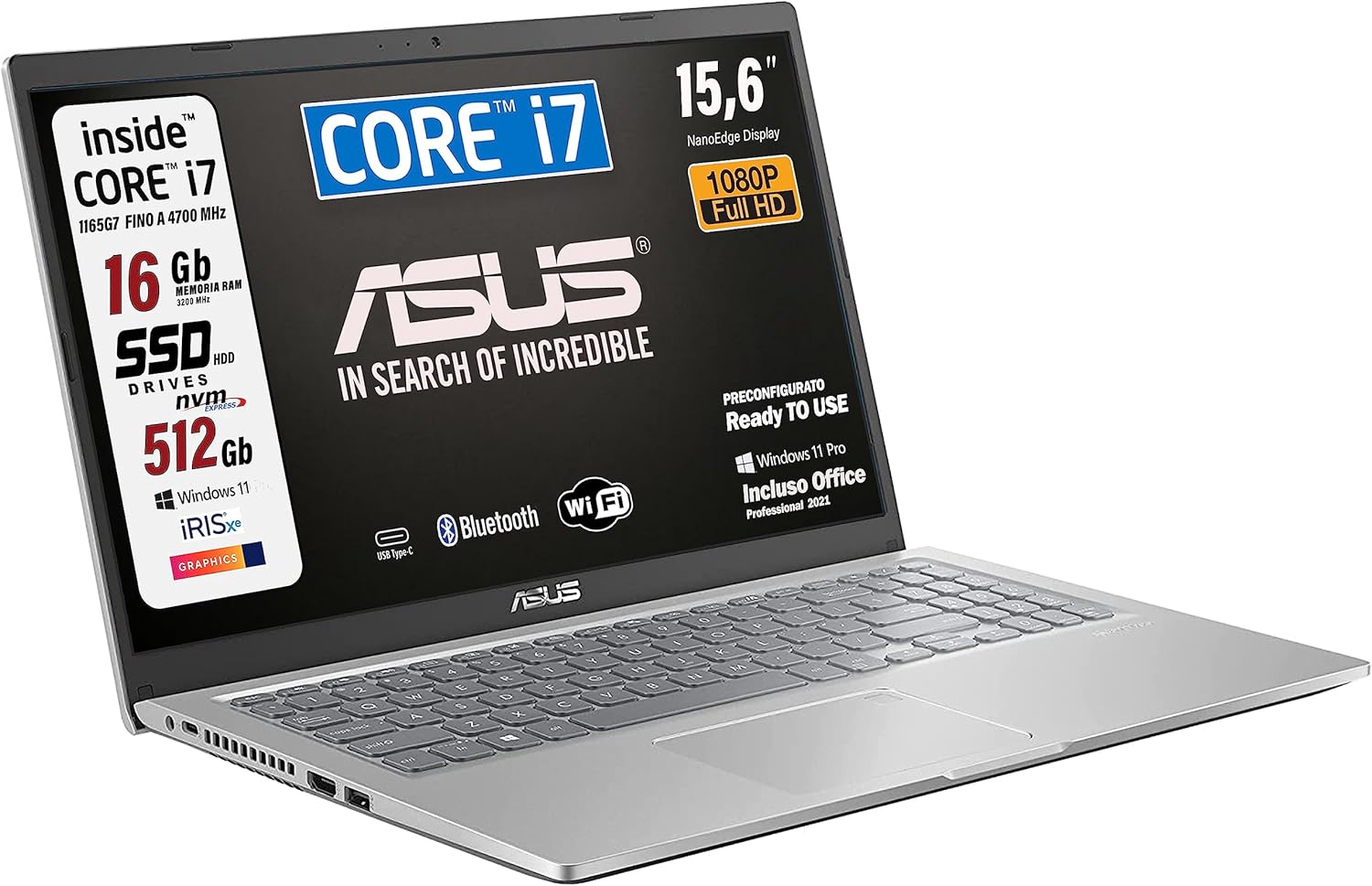 ASUS Notebook, Cpu Intel Core i7, 4Core fino a 4700 MHz, Ram 16 Gb, SSD pci Nvme da 512 Gb, 15,6 FHD, Hdmi, bt, webcam, Wi-fi, 4 Usb, Bt, Win 11Pro, Suite Office, Tastiera italiana, Garanzia 24 mesi ASUS Notebook, Cpu Intel Core i7, 4Core fino a 4700 MHz, Ram 16 Gb, SSD pci Nvme da 512 Gb, 15,6 FHD, Hdmi, bt, webcam, Wi-fi, 4 Usb, Bt, Win 11Pro, Suite Office, Tastiera italiana, Garanzia 24 mesi