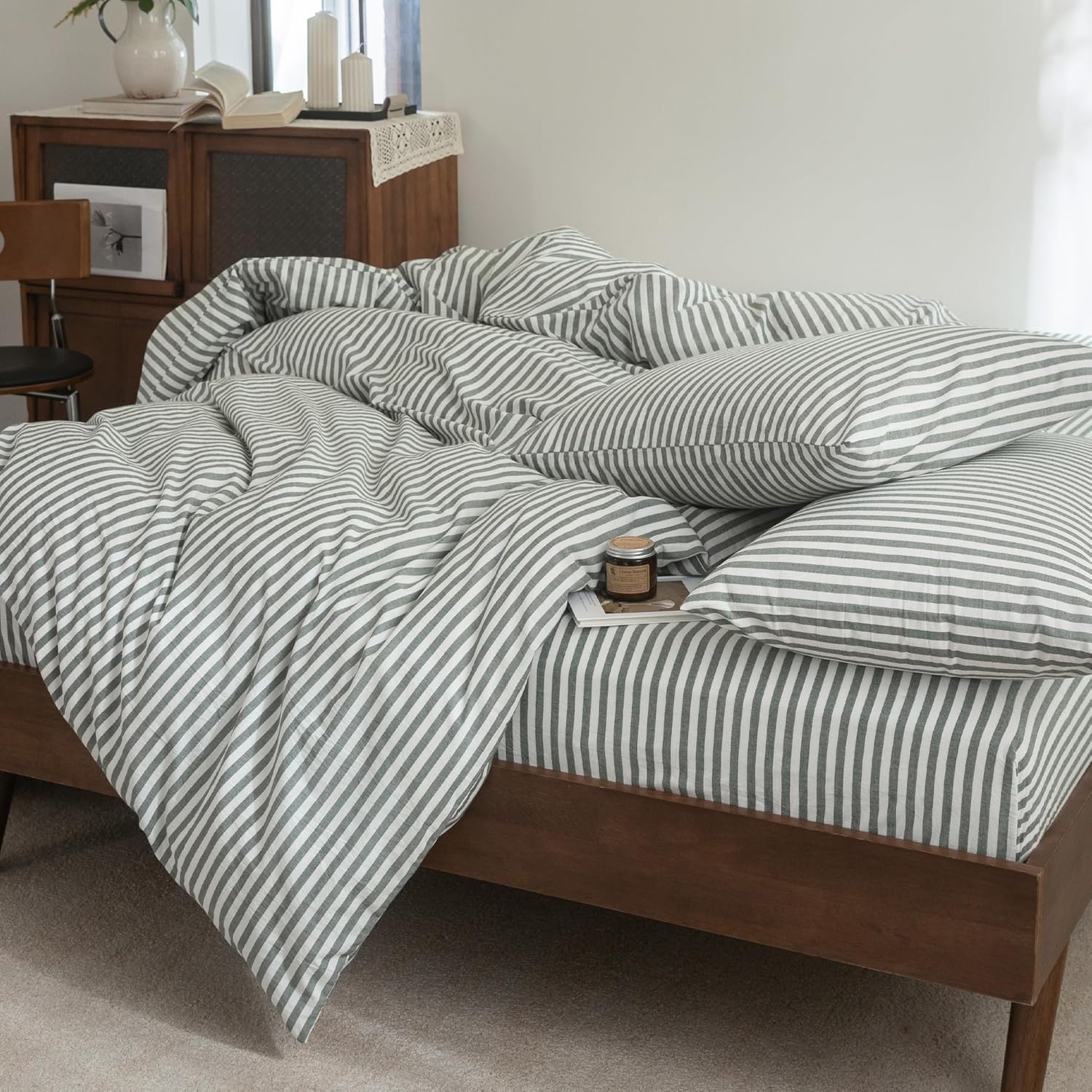FOSSA Striped Duvet Cover Set 100% Washed Cotton Linen Feel Super Soft Breathable Cozy 3 Pieces Bedding Sets Heathered Green Classic Stripes Queen - Image 5