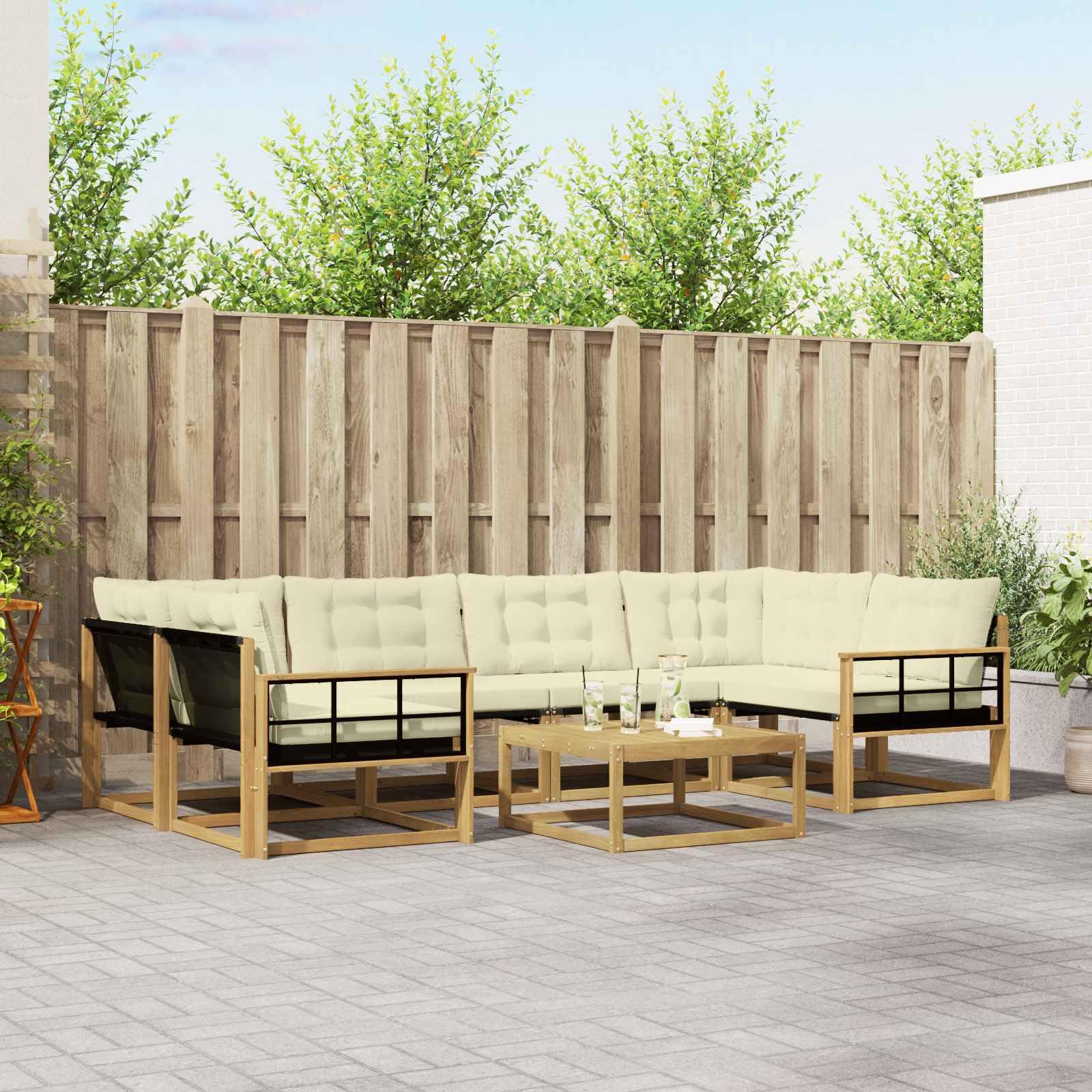 Juego de 7 muebles de jardín de madera maciza de acacia y textileno, sofá de jardín para 6 personas, conjunto modular para terraza y jardín, color blanco y crema