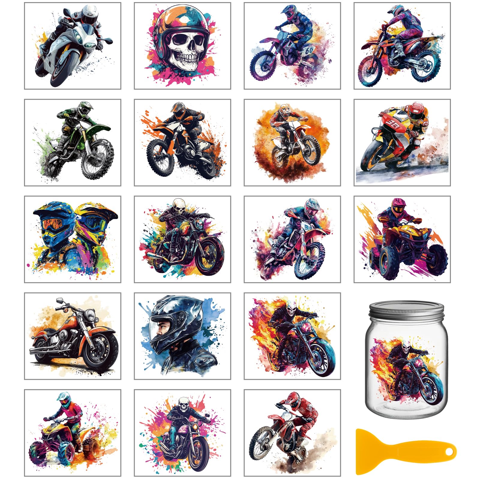GLOBLELAND 18 Sheets Skull Motocross Transfer Stickers 3.9x3.6inch Motorcycle Colorful Transfer Decal Rub on Transfer for Furniture Vase Glass Art Crafts Decorations