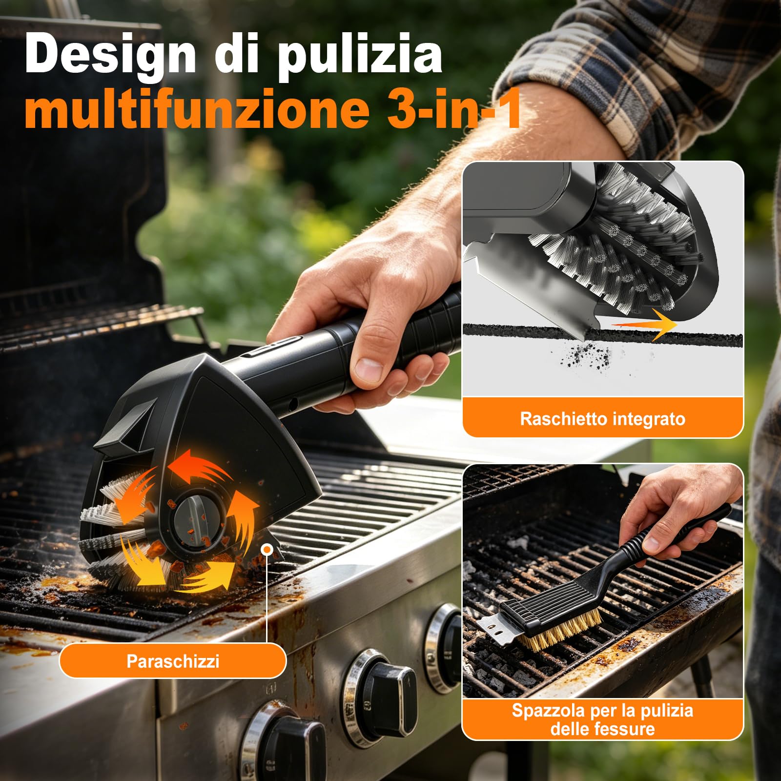 Spazzola Elettrica Barbecue Senza Fili, Pulizia BBQ con Acciaio Inox 304 | Pulitore Barbecue Ricaricabile 4000mAh, 380/490RPM, 90min, IPX7, Luce LED, Spazzola Pulizia Griglia BBQ 2 Velocità