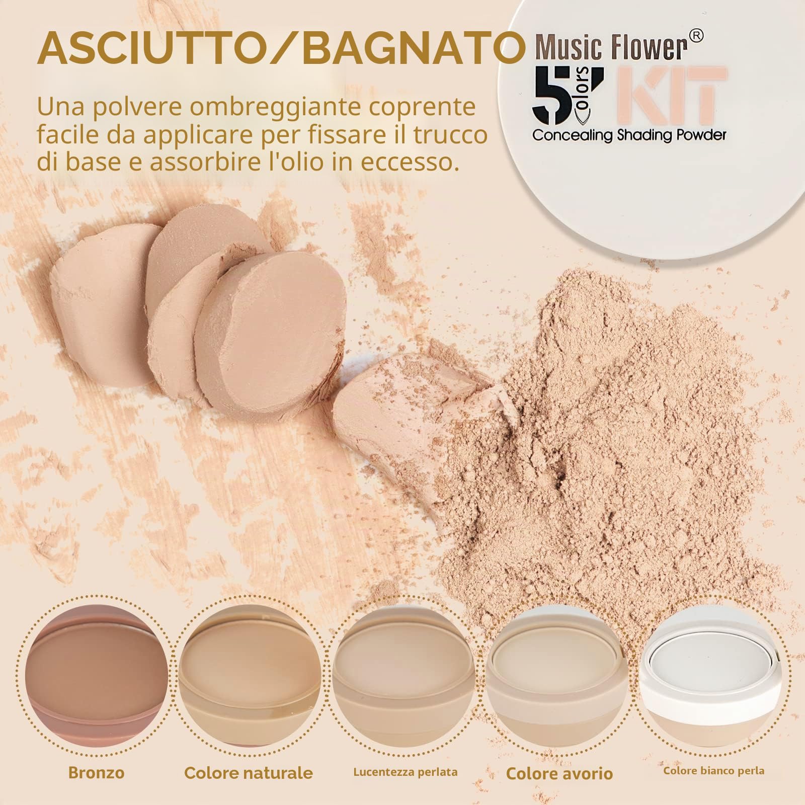 FantasyDay 5 Colori Ultra-Coprente e Opacizzante a Lunga Tenuta Fondotinta In Polvere Set di Trucchi Kit Bellezza Cosmetici Kit per Viso - Waterproof e Idratante Fondotinta Makeup Set