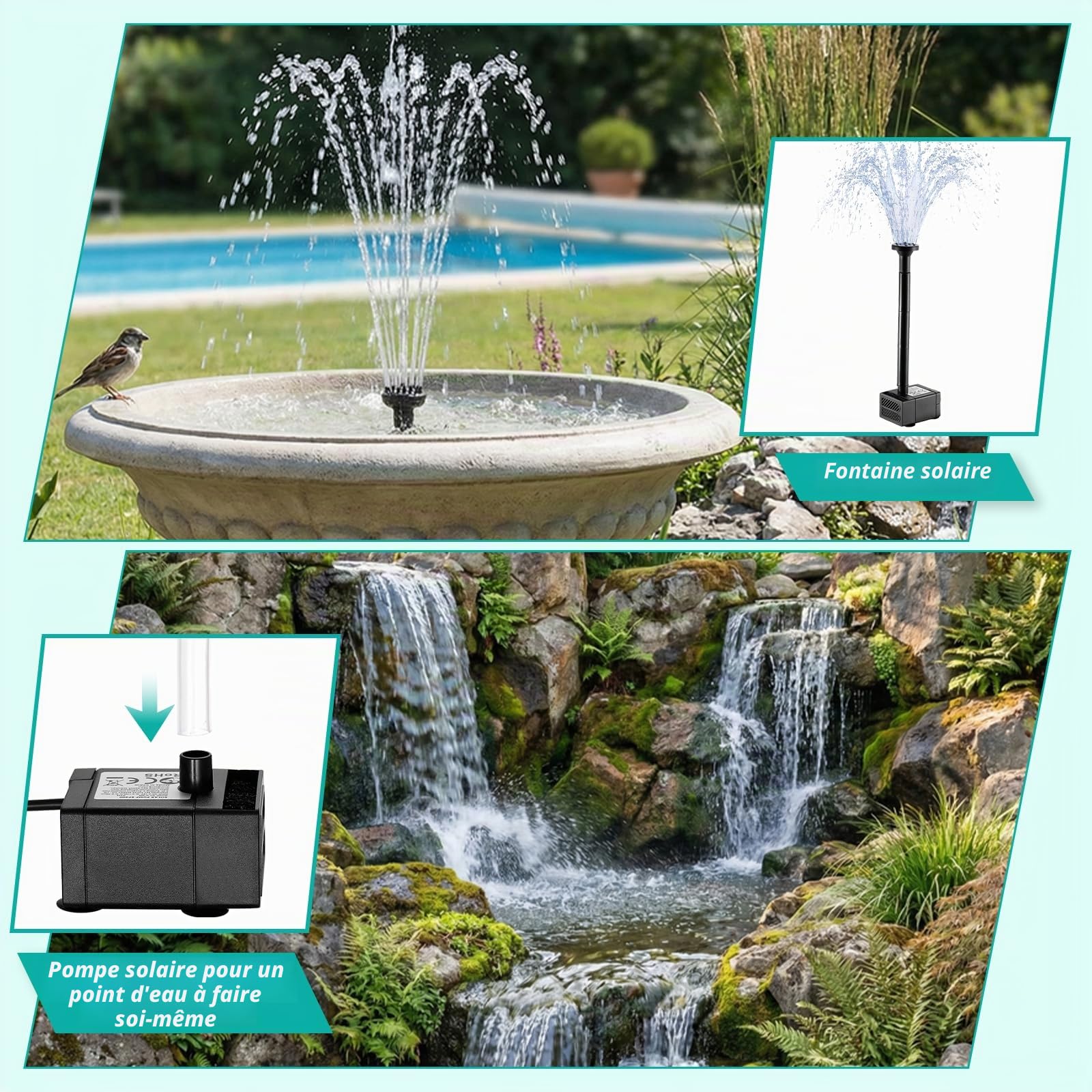 Clevich 6,5W Fontaine Solaire, Pompe à Eau Solaire, avec Tuyau d'eau de 1 m, Câble de 3,25 m, pour Bassins à Poissons, Petits Bassins, Cascades, Pots de Fleurs, Fontaines Décoratives