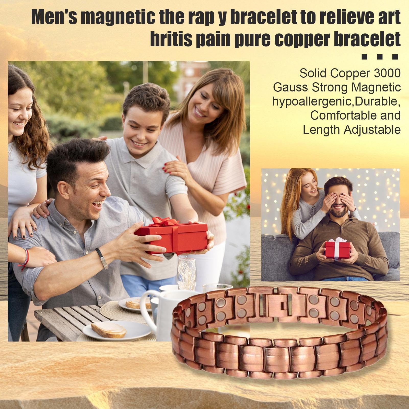 Bracciale In Rame Per Uomo | Bracciali in Rame Massiccio con Magneti Potenti | Cinturino Regolabile Per Ufficio Palestra Viaggio Golf Tennis Esterno Compleanno
