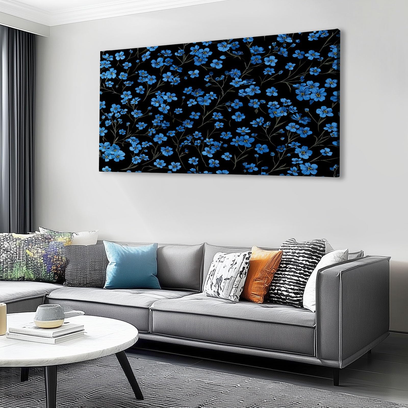 Lienzo enmarcado vintage floral azul 90 x 60 cm – Lienzo fotográfico impermeable de estilo pastoral, decoración de pared para sala de estar, dormitorio, baño, imágenes para paredes, impresión de