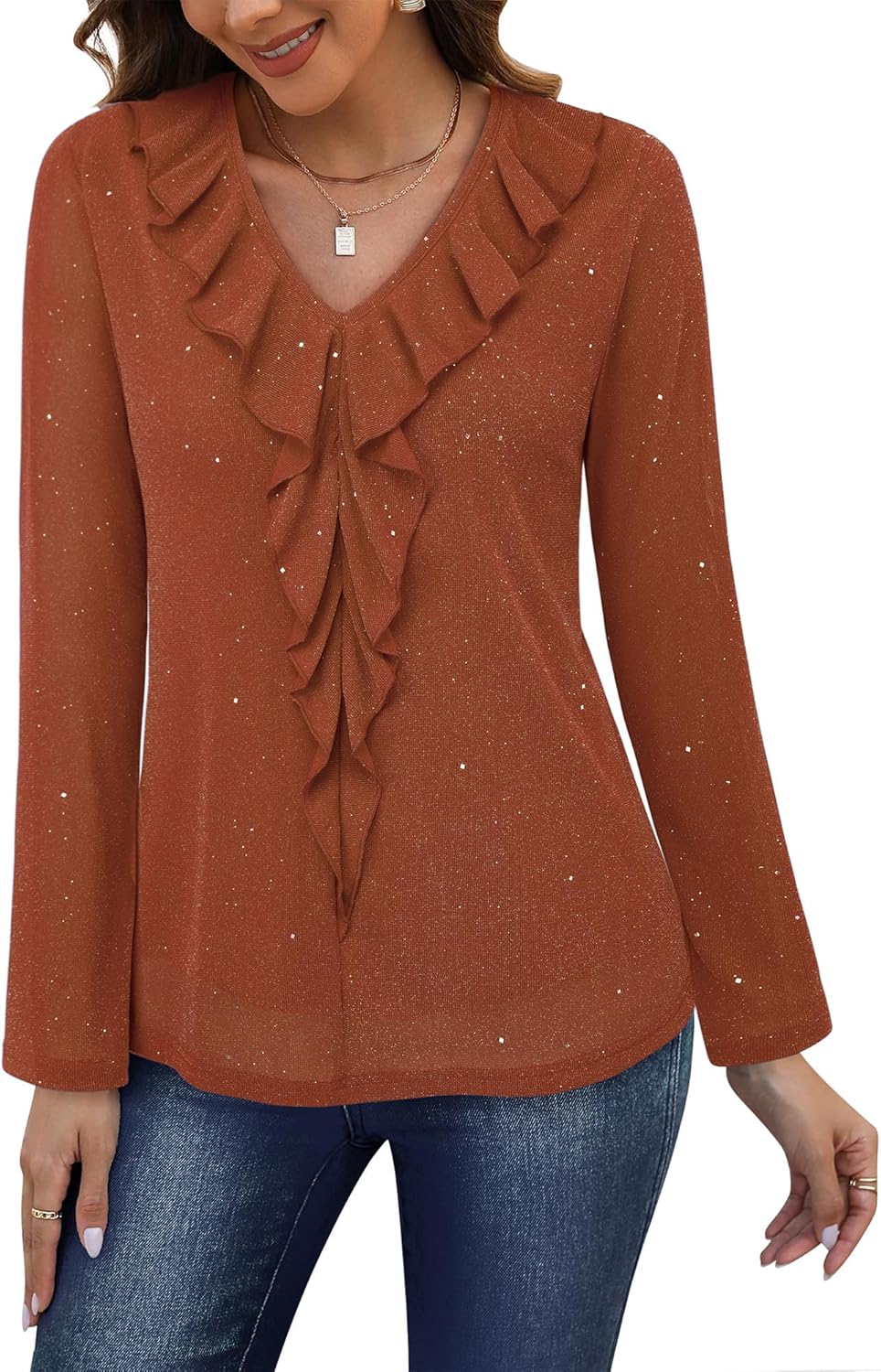 Gaharu Women's Dressy Blouses Long Sleeve Ruffle Shirts Casual Loose Fit Mesh Double Layers Flowy Tunic Tops - Image 2