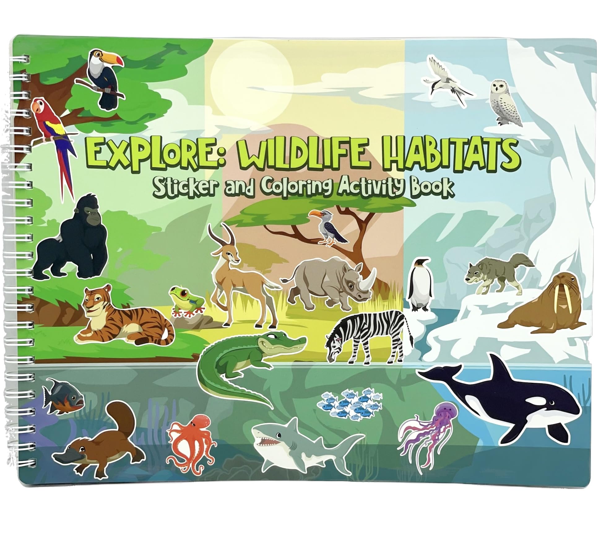 Animal Habitats Sticker and Coloring Book. 9 Habitats with Stickers and Coloring Pages. Engaging, Educational, Interactive, Fun, and Colorful.