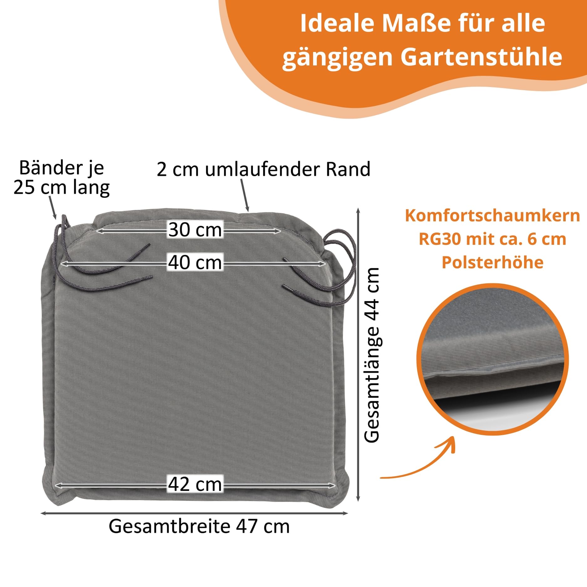sleepling Sitzkissen Outdoor 4er Set, Stuhlkissen 44x47 cm, Auflage Stuhl, Sitzauflagen Gartenmöbel, Made in EU, Eckbänder, Bezug abnehmbar und waschbar, 6 cm dick, anthrazit grau