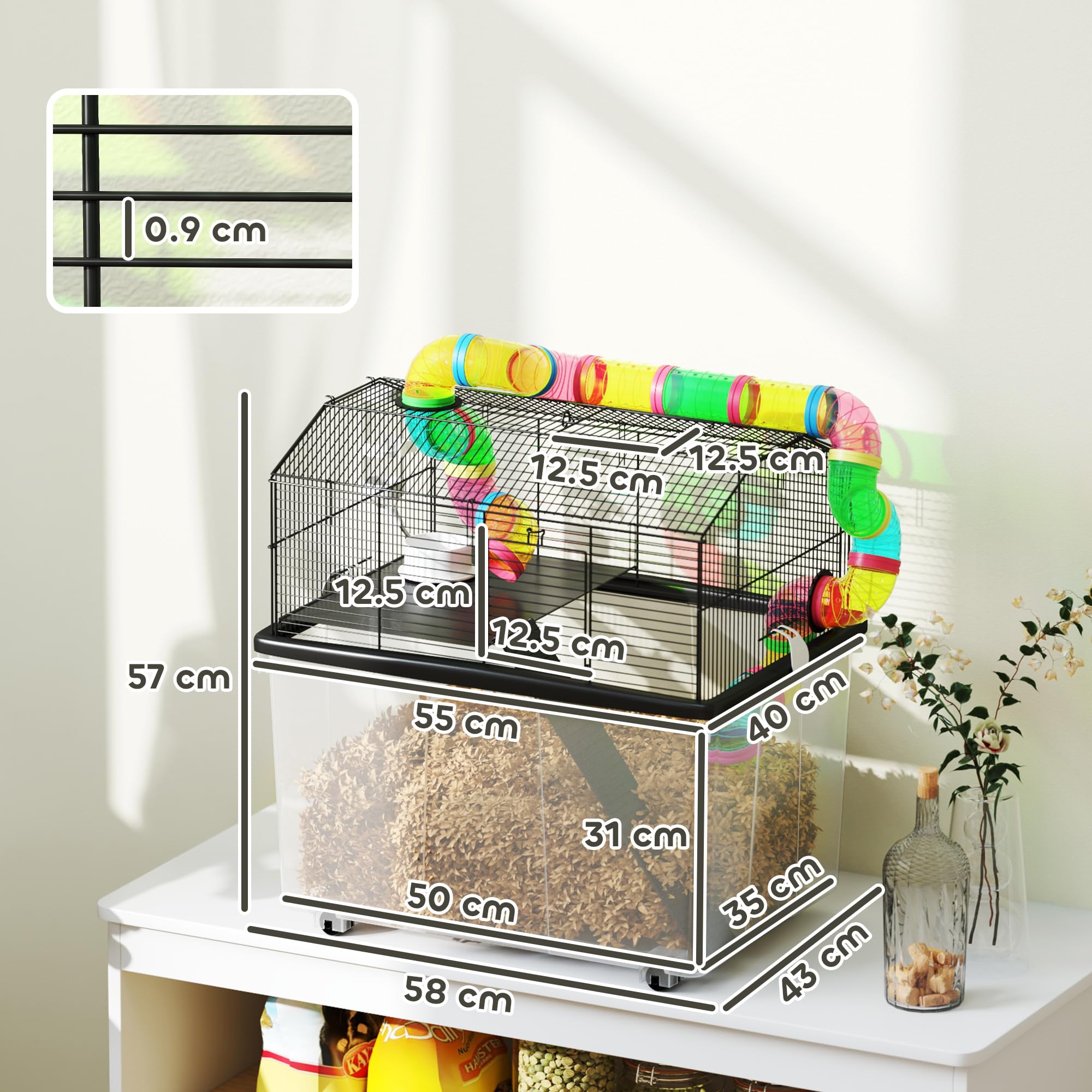 PawHut Jaula para hámster, jaula de jerbo de 2 niveles, 58 x 43 x 57 cm, multicolor | Bandeja de 31 cm de profundidad, sistema de tubos, botella de agua, rampa, cuenco de alimentación