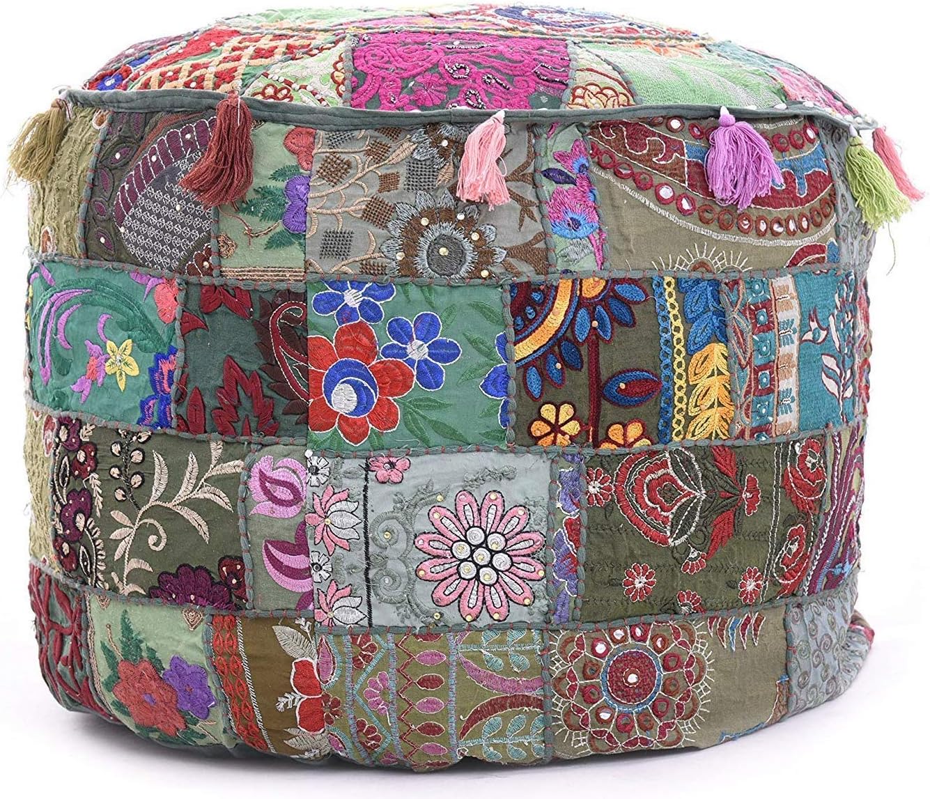 KLAVATE Ganesham Indian Hippie Vintage Cotton Floor Pillow & Cushion Patchwork Bean Bag Chair Cover Boho Bohemian Hand Embroidered Handmade Pouf Ottoman (Grey, 13 H X 18 Diam.(Inch))