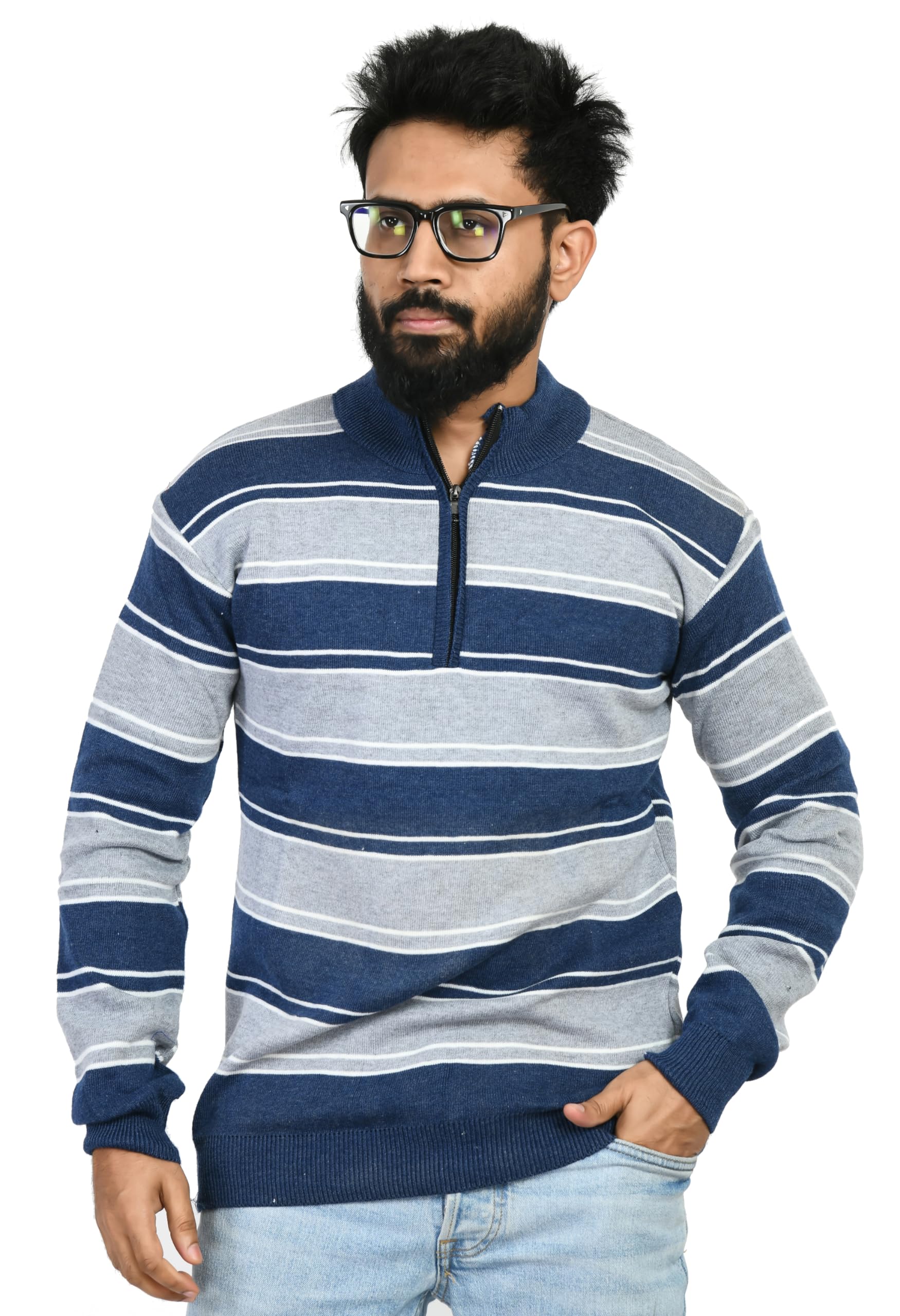 MANRA Men High Neck Zipper Full Sleeve Striped Woolen Winter Sweater (Men Zipper EMD 425)-image-42
