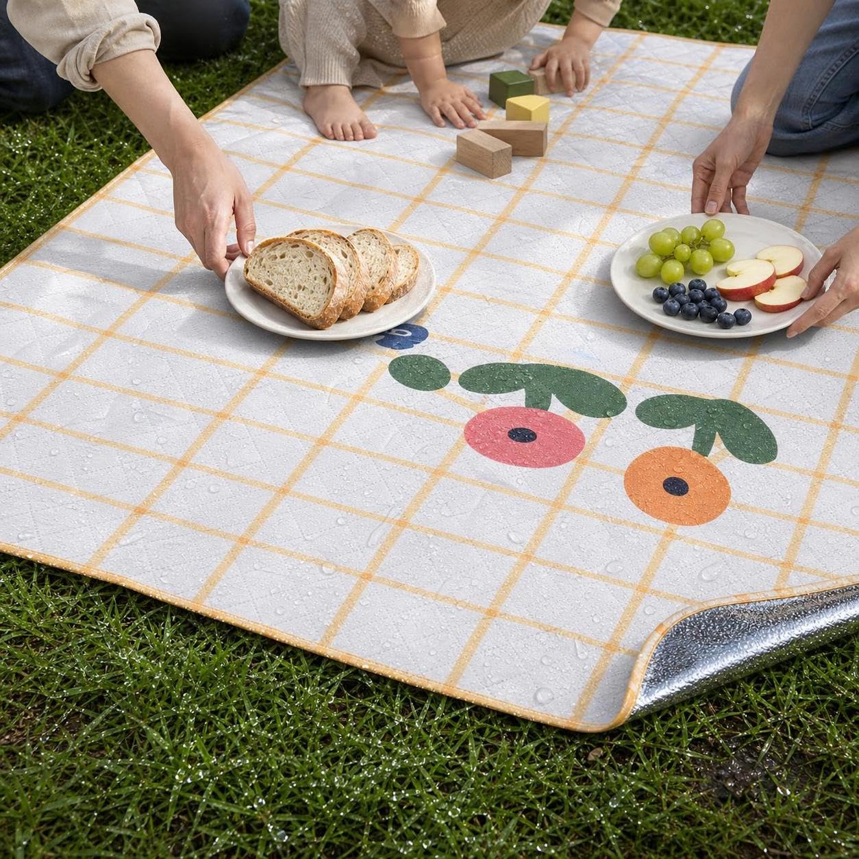 Coperta da Esterno Impermeabile 200x300 cm - da Campeggio con Fondo Impermeabile per Esterno - per picnic, Giallo a quadri con fragole e fiori, 300 * 300cm