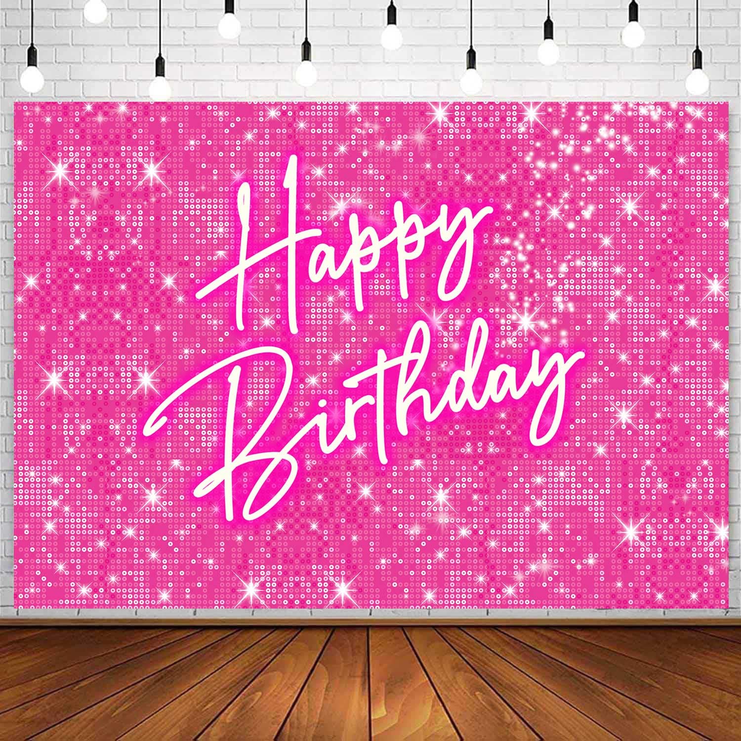 InMemory Shiny Pink Happy Birthday Backdrop for Lady Girls Women Princess Theme Party Decorations Birthday Banner Neon Photo Booth Studio Props Photography Background 6x4ft