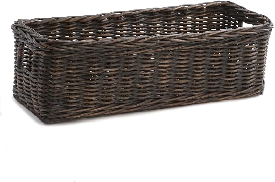 The Basket Lady Long Low Wicker Basket, M, Walnut Brown | Outside 20.5" L x 9.5" W x 6" H | Inside 19"L x 8"W x 5.5"H - Handcrafted by artisans from natural rattan