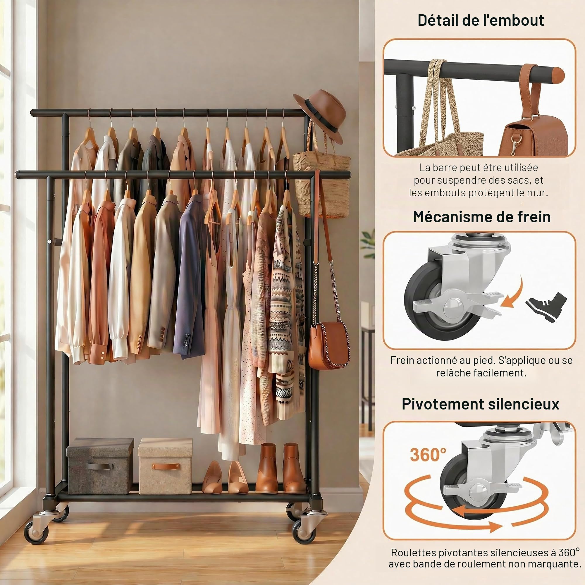 Calmootey Portant à vêtements à double tringle, porte-vêtements à roulettes, organiseur de vêtements portable pour chambre à coucher, salon, magasin de vêtements, noir | Tiges haute-basse, deux roues verrouillables, cadre en métal robuste, gain de place,