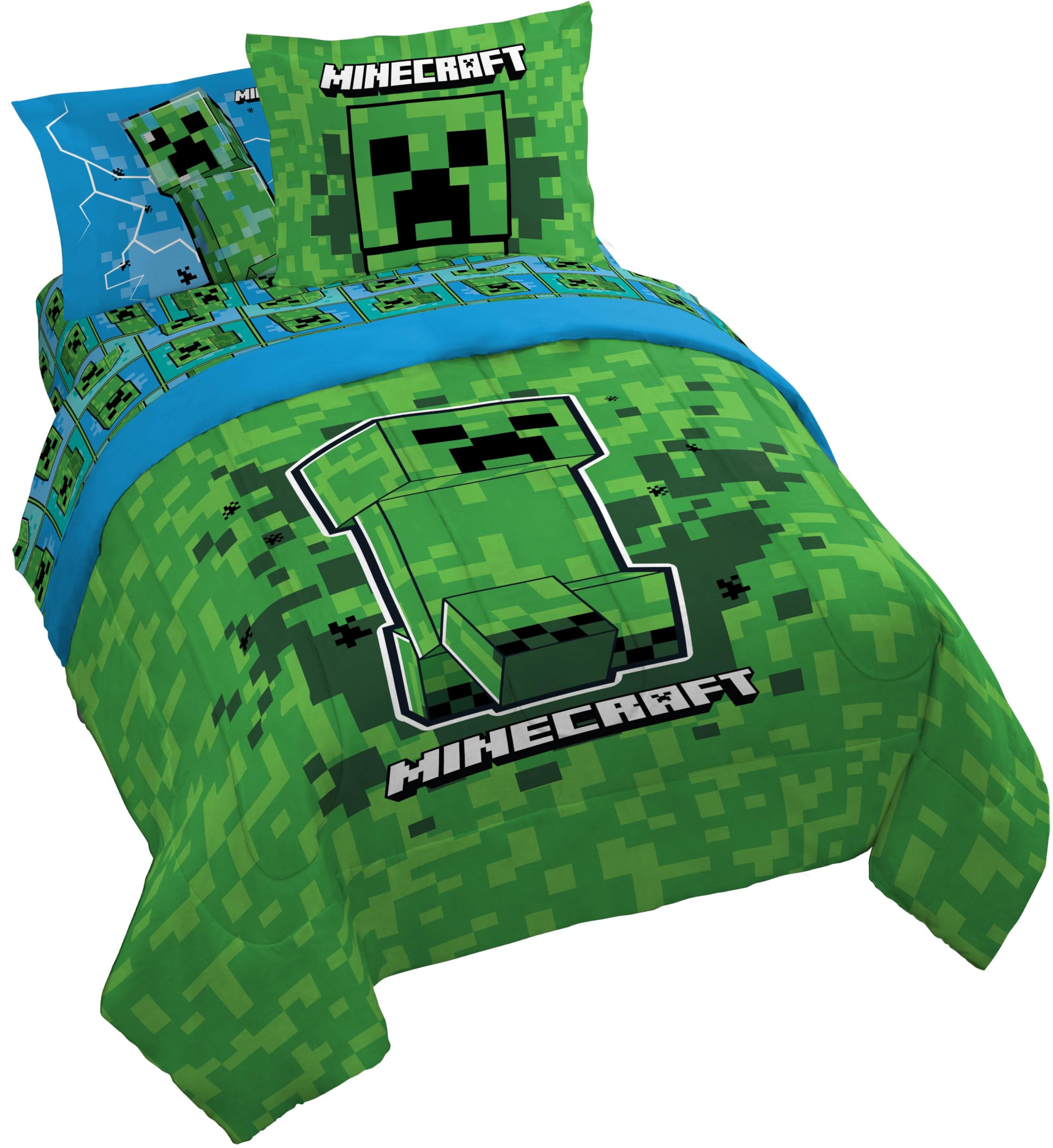 Jay Franco Kids Comforter Set Includes Sheets and Pillow Covers - Soft and Cozy Bed Set for Stylish Room Decor, Green - Minecraft Creeper, 7 Piece Queen Size Bedding