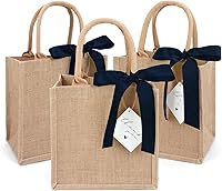 Vista 15 de Paquete de 6 bolsas de arpillera con asas reutilizables pequeñas bolsas de regalo de yute con cintas de seda moradas, forro impermeable para boda