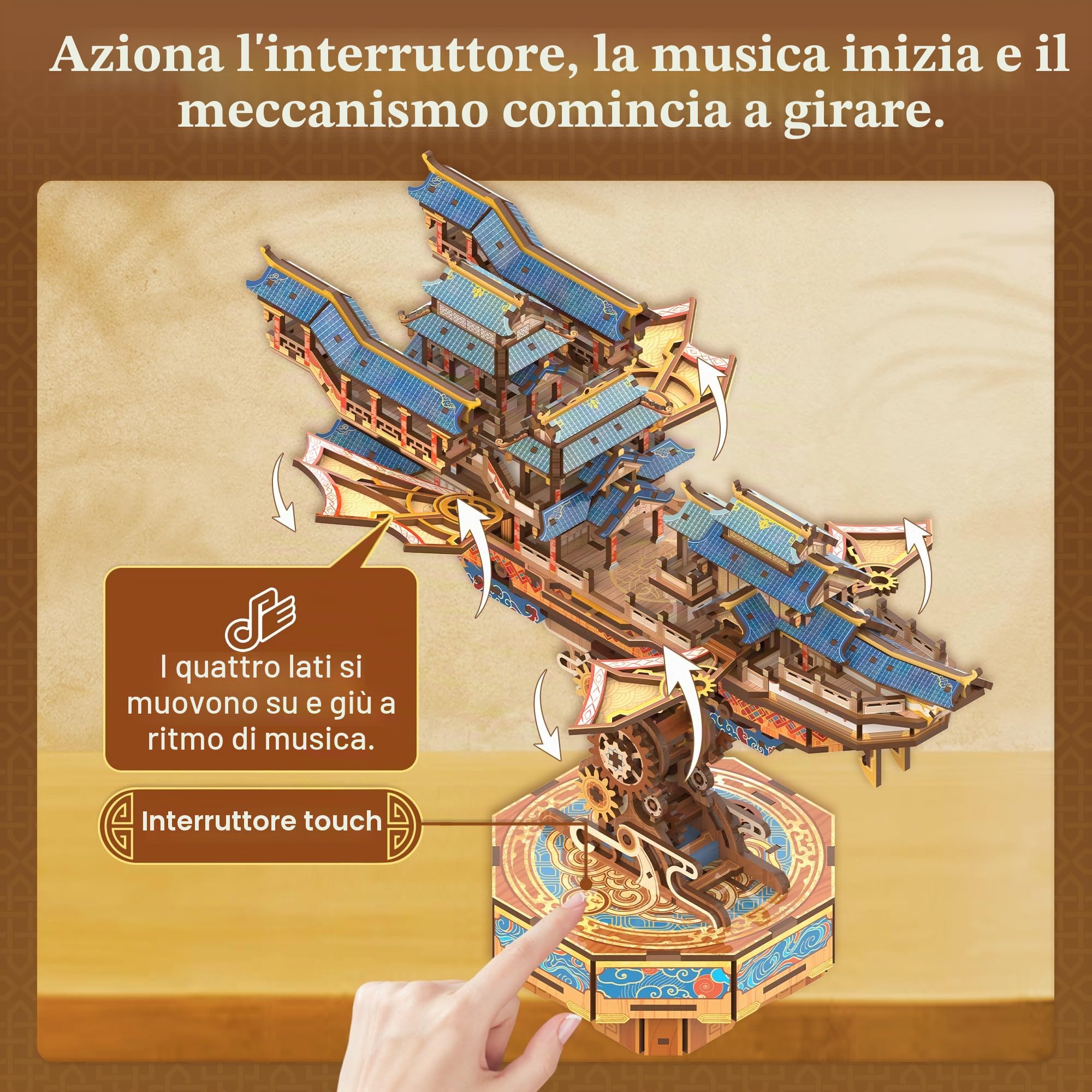 Tonecheer Puzzle in Legno per Adulti, Kit Modello Nave in Stile Cinese, Yacht Meccanica Puzzle 3D in Legno con Ingranaggi e Musica, Regalo(Viaggiatore del Vento)