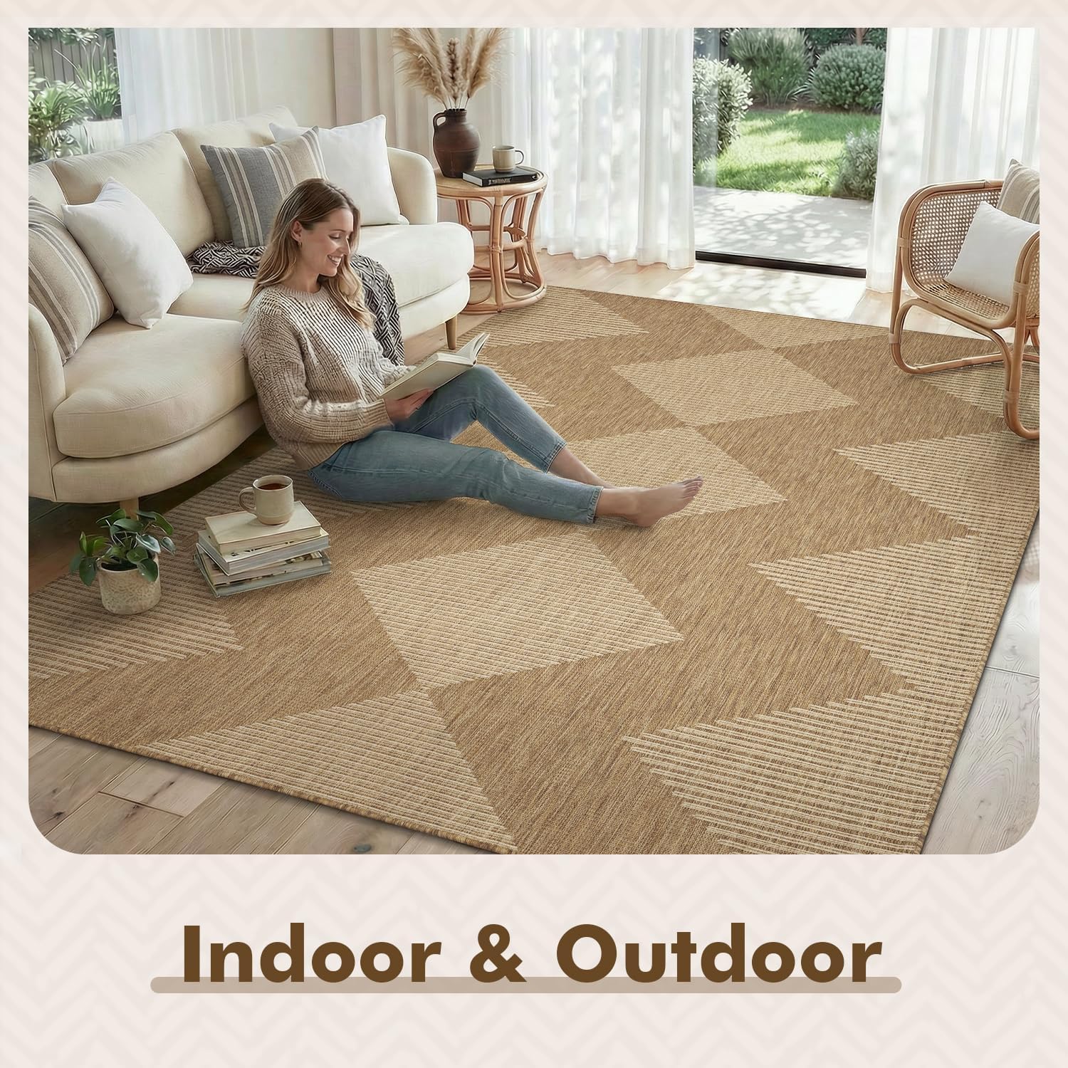 MontVoo-Polypropylene 2x3 ft Indoor Outdoor Entryway Rug Porch Rug Door Mats Rugs Small Accent, Textured Weave, Durable for High Traffic, Fade-Resistant, Non-Shedding, Boho Geometric Neutral Brown