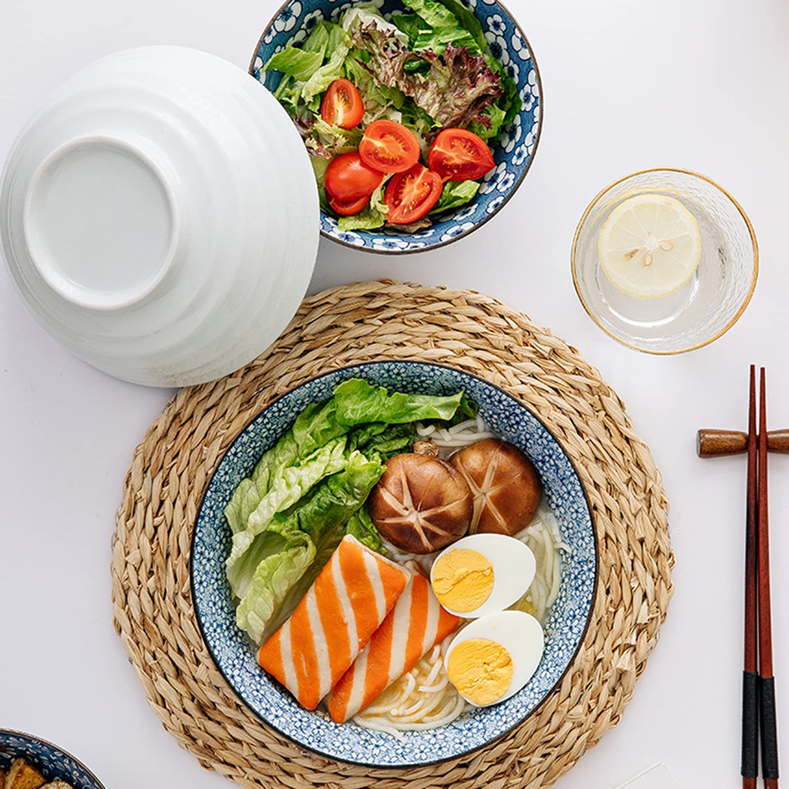 Tazas de Ramen, Conjuntos de Tazas de Pasta, Tazón de Sopa de Fideos de cerámica de 9 Pulgadas, (4 Piezas) Tazón de Ramen casero apilable japonés bajo vidriado for Cereales, arroz, Udon