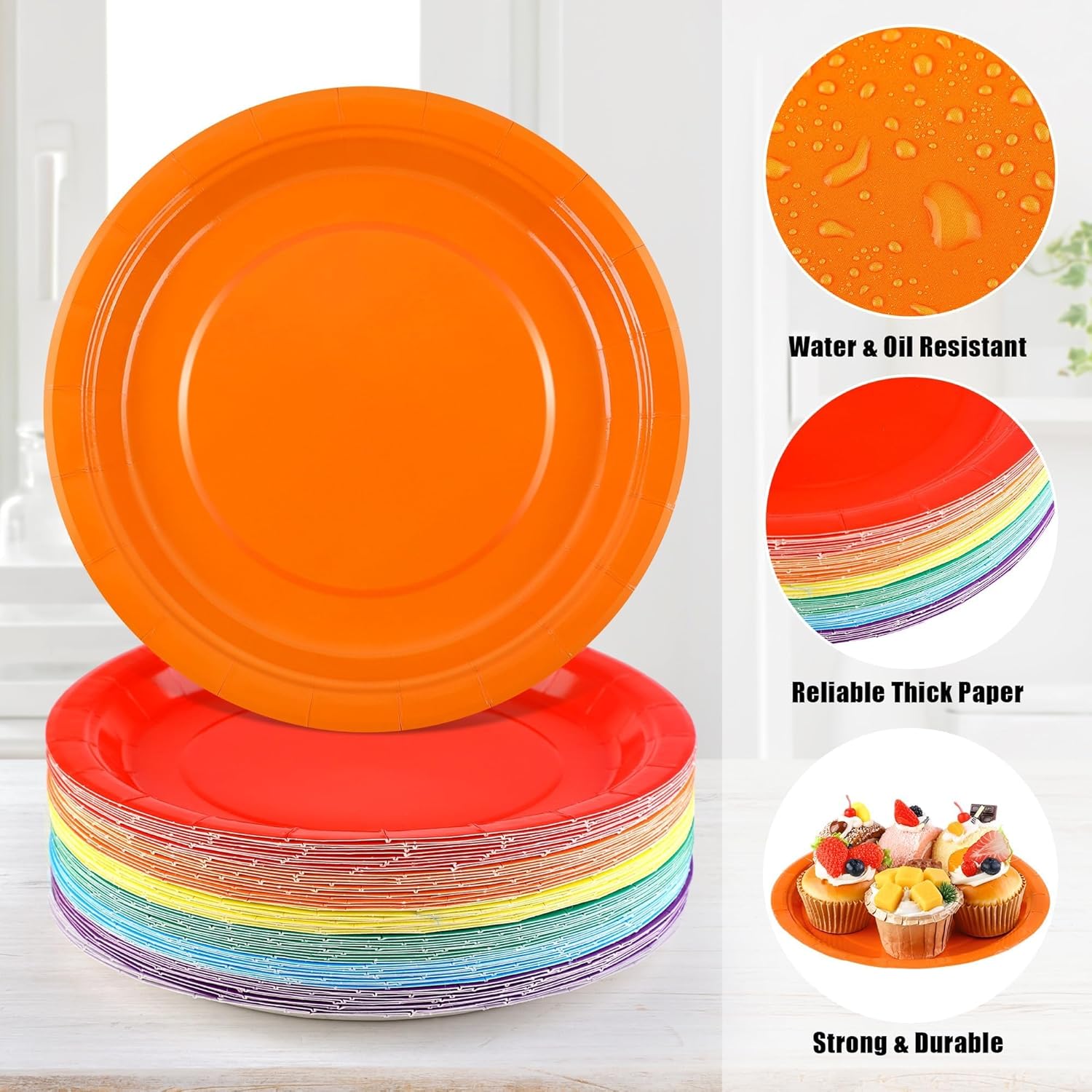 Kochorie 60 Pieces Rainbow Disposable Paper Plates 9 Inch Heavy Duty Dinner Plates, Solid Color, Table Decorations Party Supplies for Birthdays, Weddings, Daily Use - Image 3