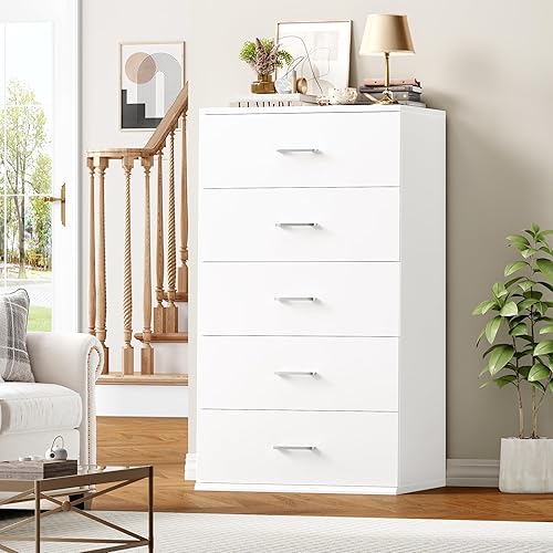 TTVIEW White Dresser, Chest of Drawers with Mental Handles, Tall White Dresser with 5 Drawers, Tall Dressers for Living Room, Kitchen, Entryway