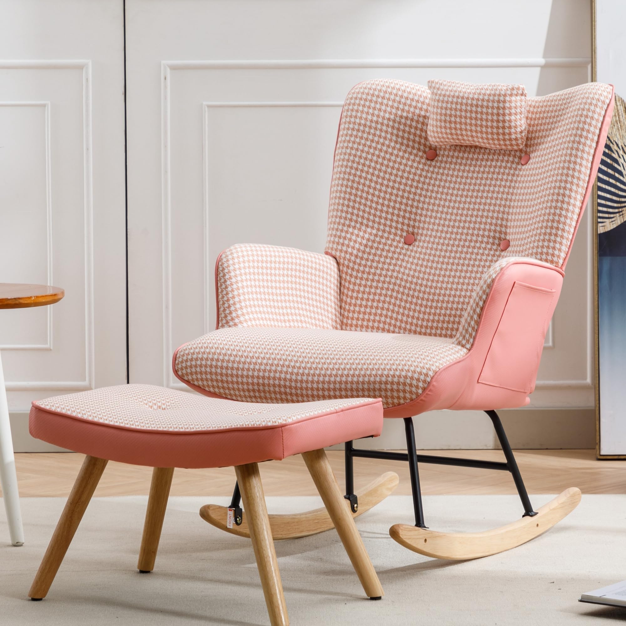 SPOFLYINN 35.5” Nursery Rocking Chair Cotton Linen Upholstered Glider Chair with High Backrest Armchair for Living Room Bedroom Pink