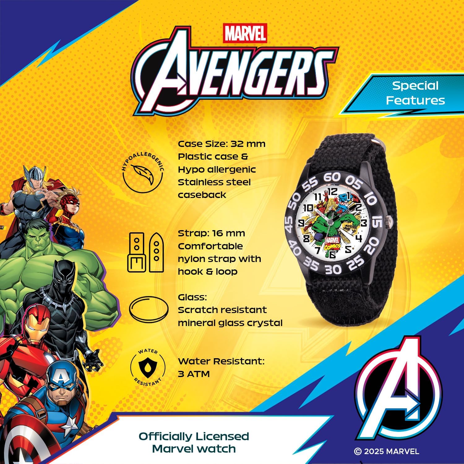 Marvel Superhero 2-Pack Watch Set for Kids Ages 4–7 – Featuring Captain America Shield and Hulk Dial Designs – Blue and Black Bezels with Matching Nylon Straps – GET 2 Mystery Bonus Watches