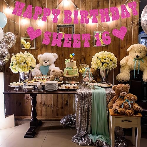 Miniatura 5 de Cartel de feliz cumpleaños, decoraciones de fiesta de cumpleaños de 18 años, con purpurina rosa de dieciocho cumpleaños, para fiesta de cumpleaños