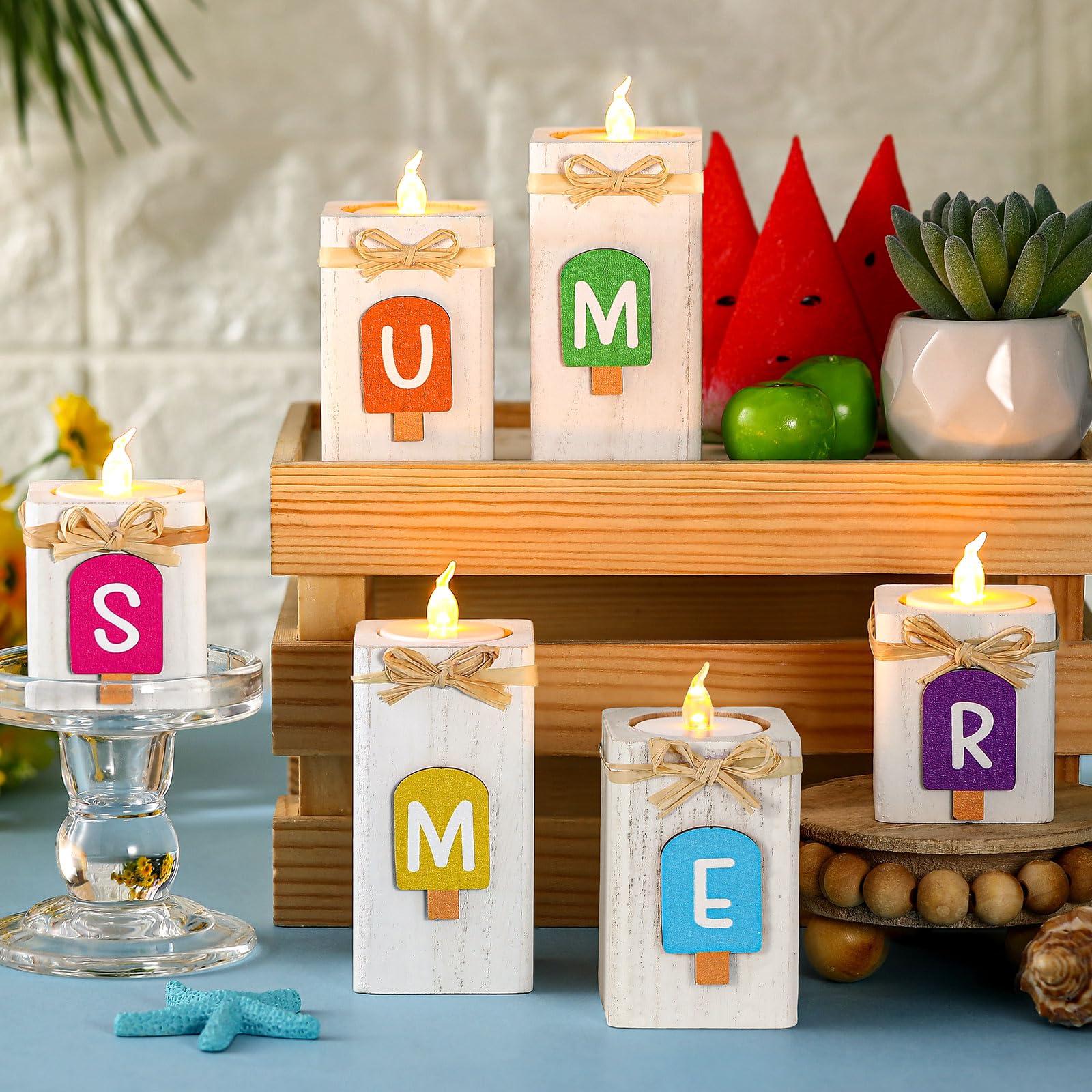Set of 6 Summer Color Ice Cream Summer Letter Candlestick Set, Wooden Tea Light Candlestick Lady Gift, Summer Warm Romantic Candlestick Wedding Candlestick Decoration
