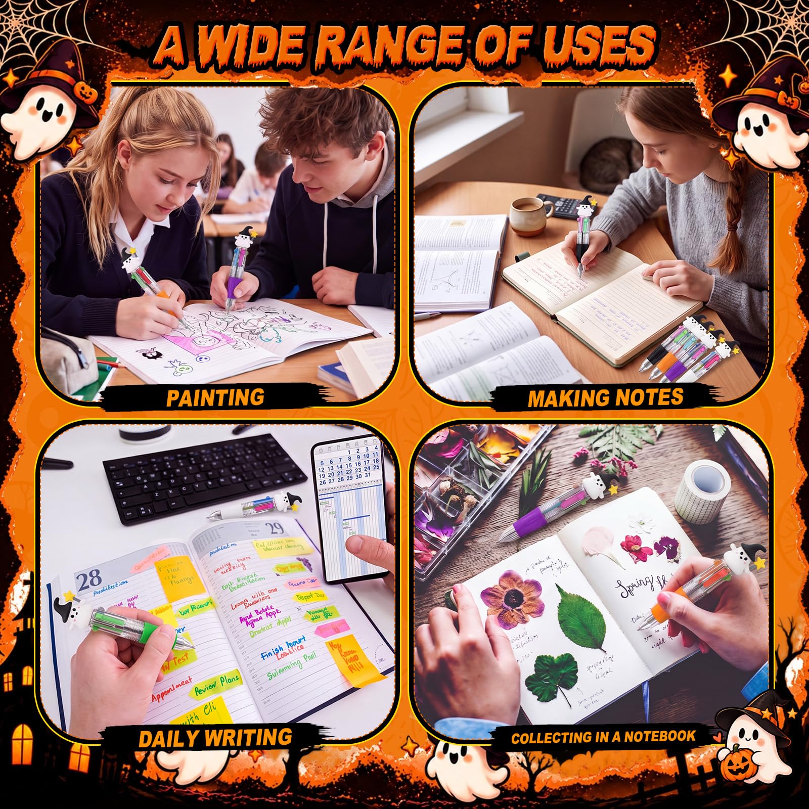 Epakh Set di 100 mini penne a sfera multicolore per Halloween, 4 in 1, Boo