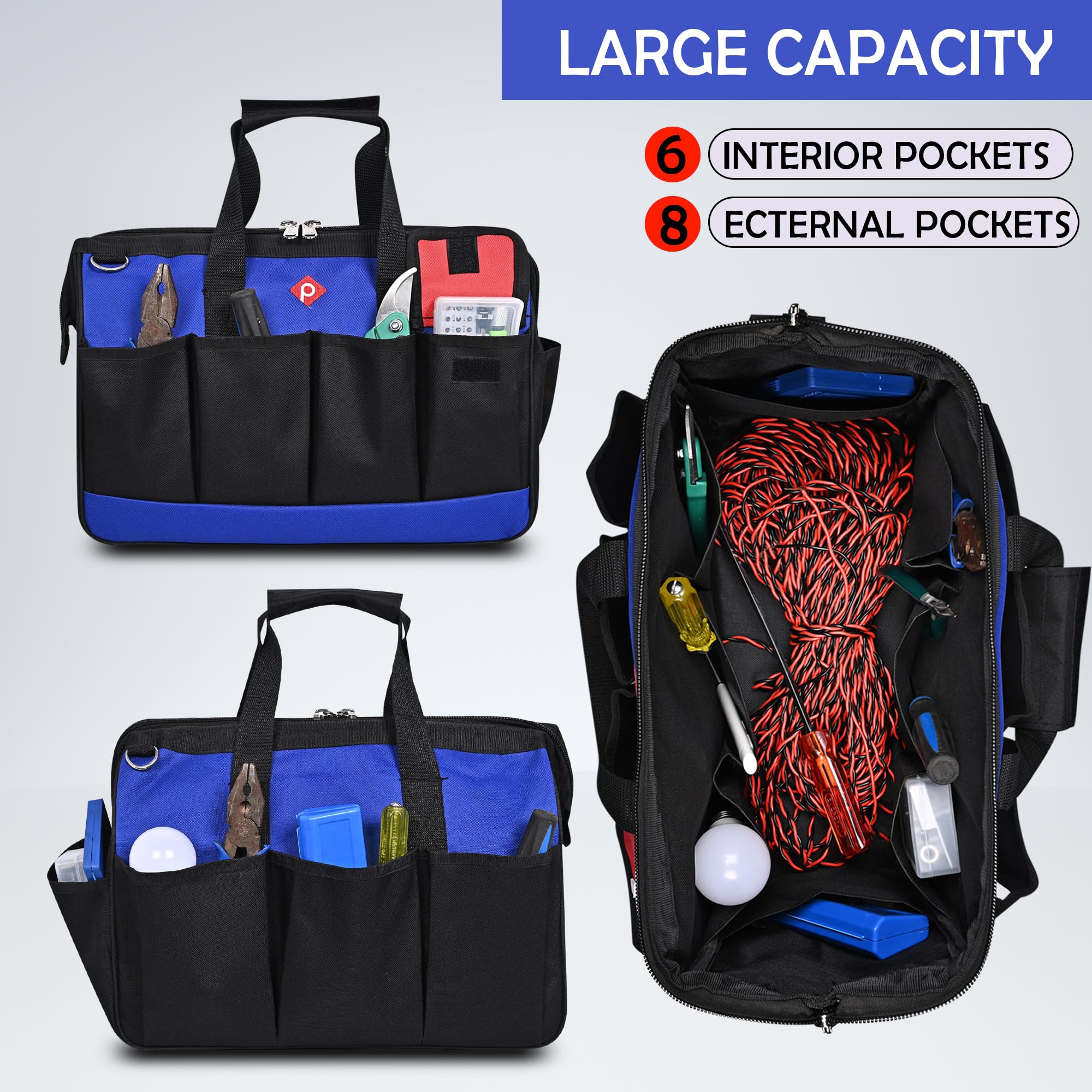 PAHAL 16 Inch Tool Bag Wide Mouth, Heavy Duty Waterproof Nylon Tool Organizer for Electrician, Technician, Plumber, AC Mechanic & Carpenter (Blue, Large, Multi-Pocket, Empty) 2