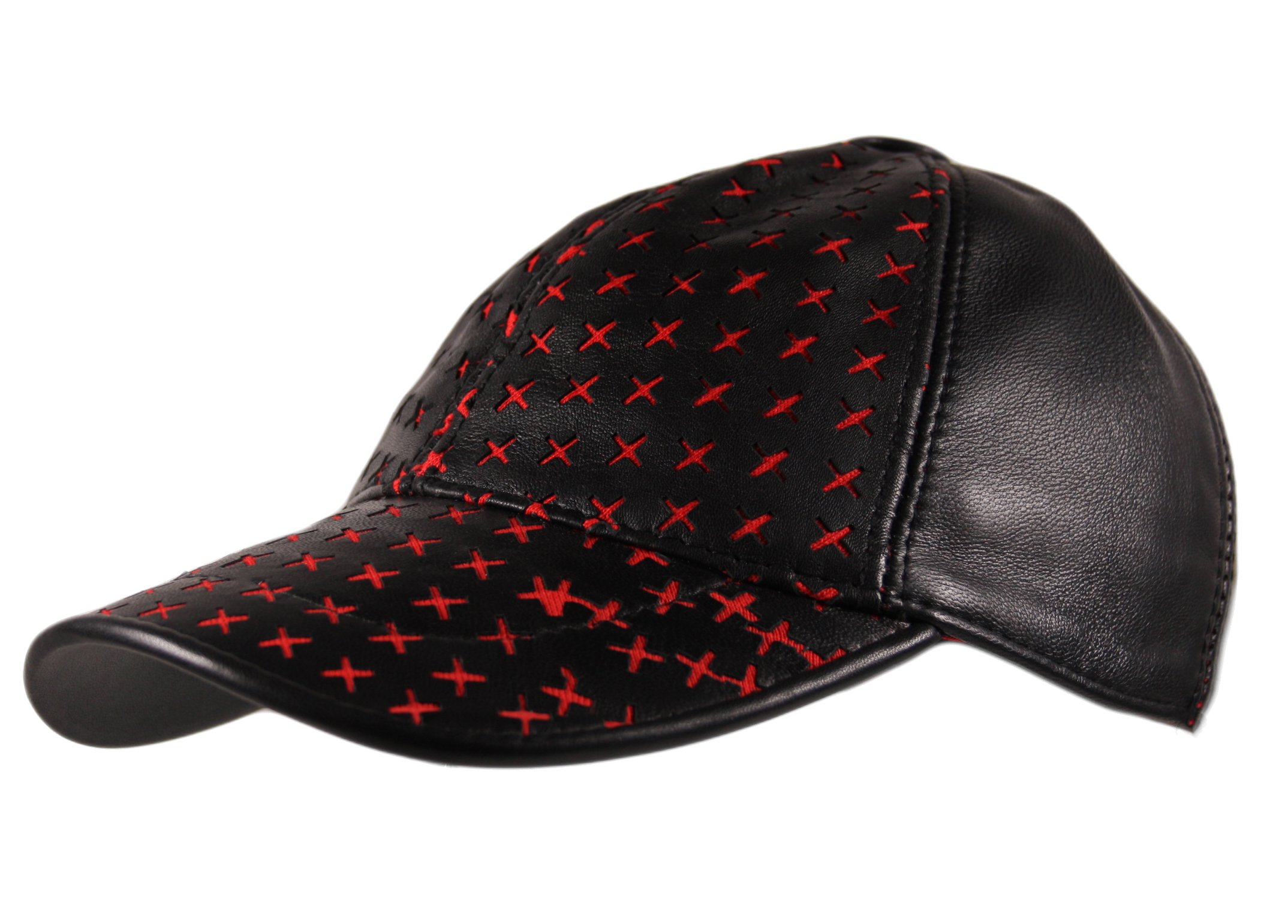 Itzu Genuine Leather Precurved Bill Baseball Cap with Adjustable Snapback in Black (Red Plus)