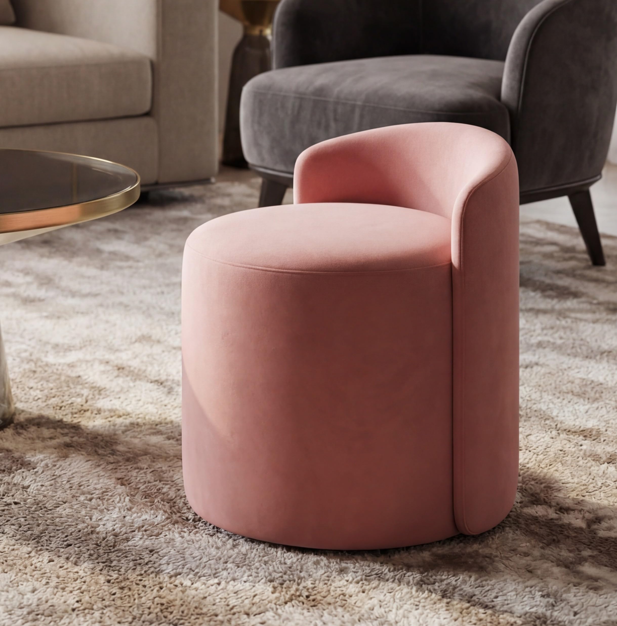 Solid Wood Upholstered Ottoman Stool For Living Room With Backrest | Memory Foam Mudda Puffy Stool for Drawing Room | Sofa Style Accent Chair for Dressing Table & Bedroom | Round Footrest | Pink-image-28