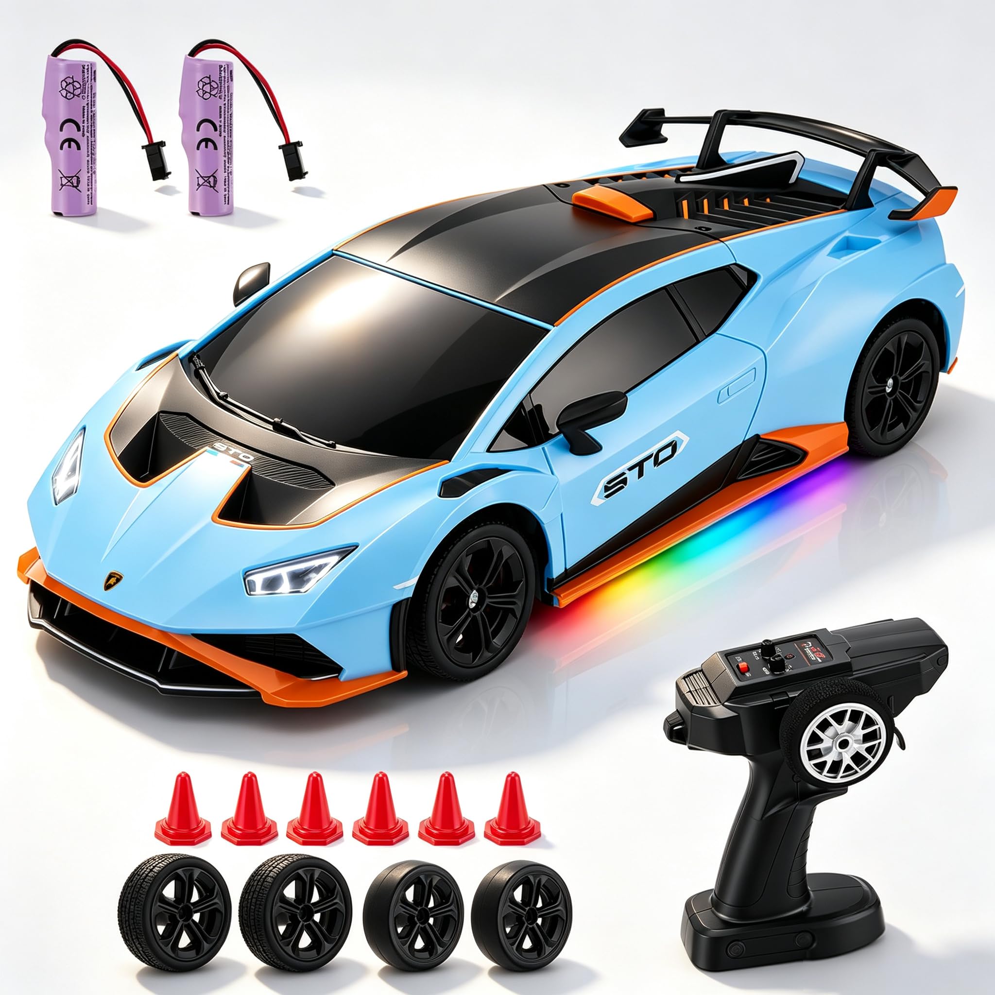 Lamborghini - Auto telecomandata, 1:24 ad alta velocità, con valvola a farfalla completamente proporzionale e luci LED, corsa 25 km/h, auto Lamborghini RC Drift per ragazzi dai 6, 7, 8, 9, 10, 11, 12