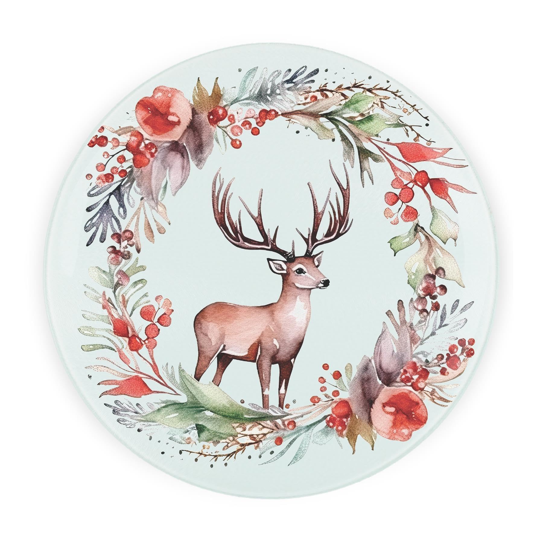 Round Glass Worktop Saver - Deer Christmas Wreath Festive Gift - Textured Kitchen Chopping/Cutting Board Worktop Protector with Non-Slip Feet 30cm x 30cm (12" x 12")