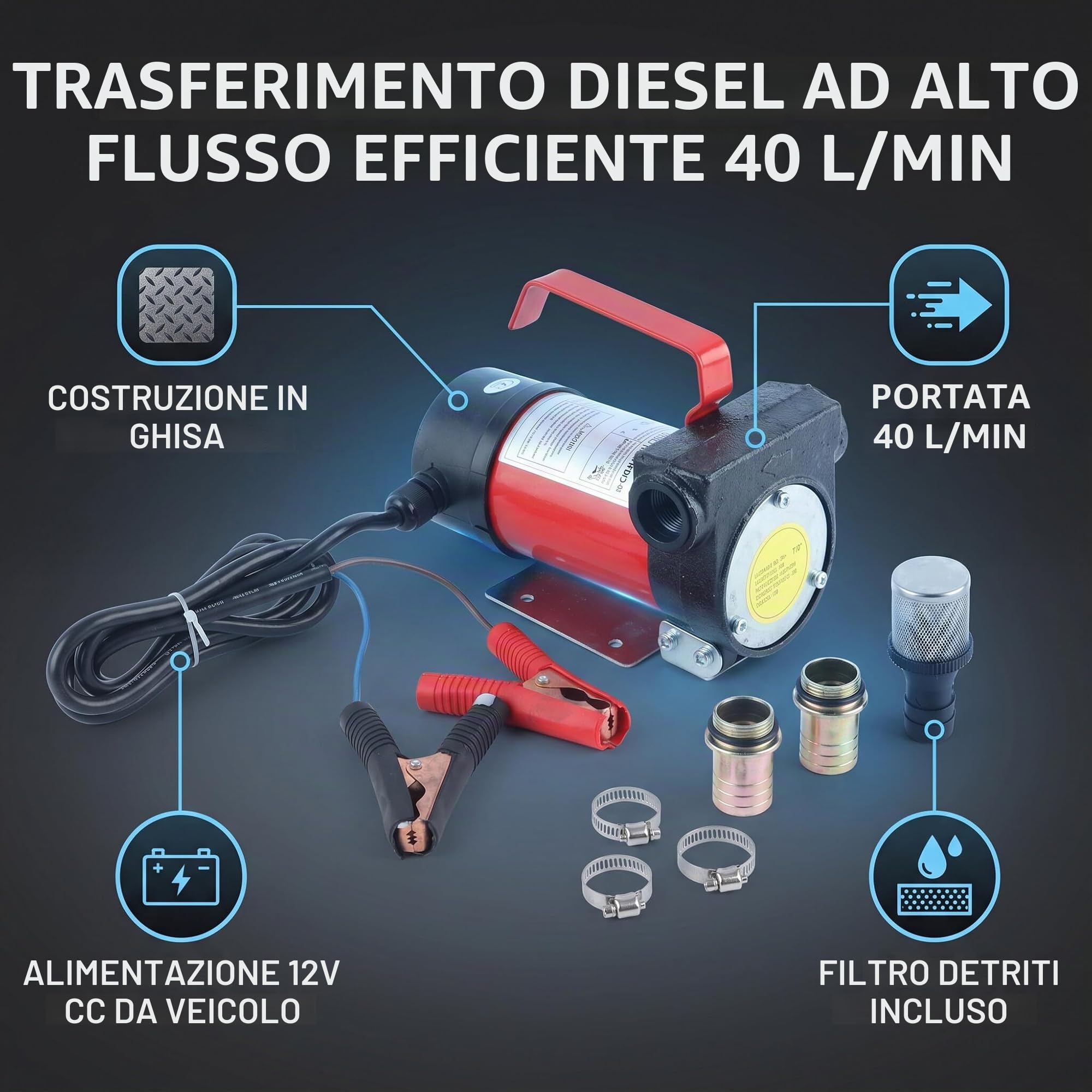 Wakects Pompa Gasolio, Pompe Benzina Pompa Aspirante Olio Portatile 12V 40L/min 160W con Filtro, per Pompaggio Gasolio e Kerosene