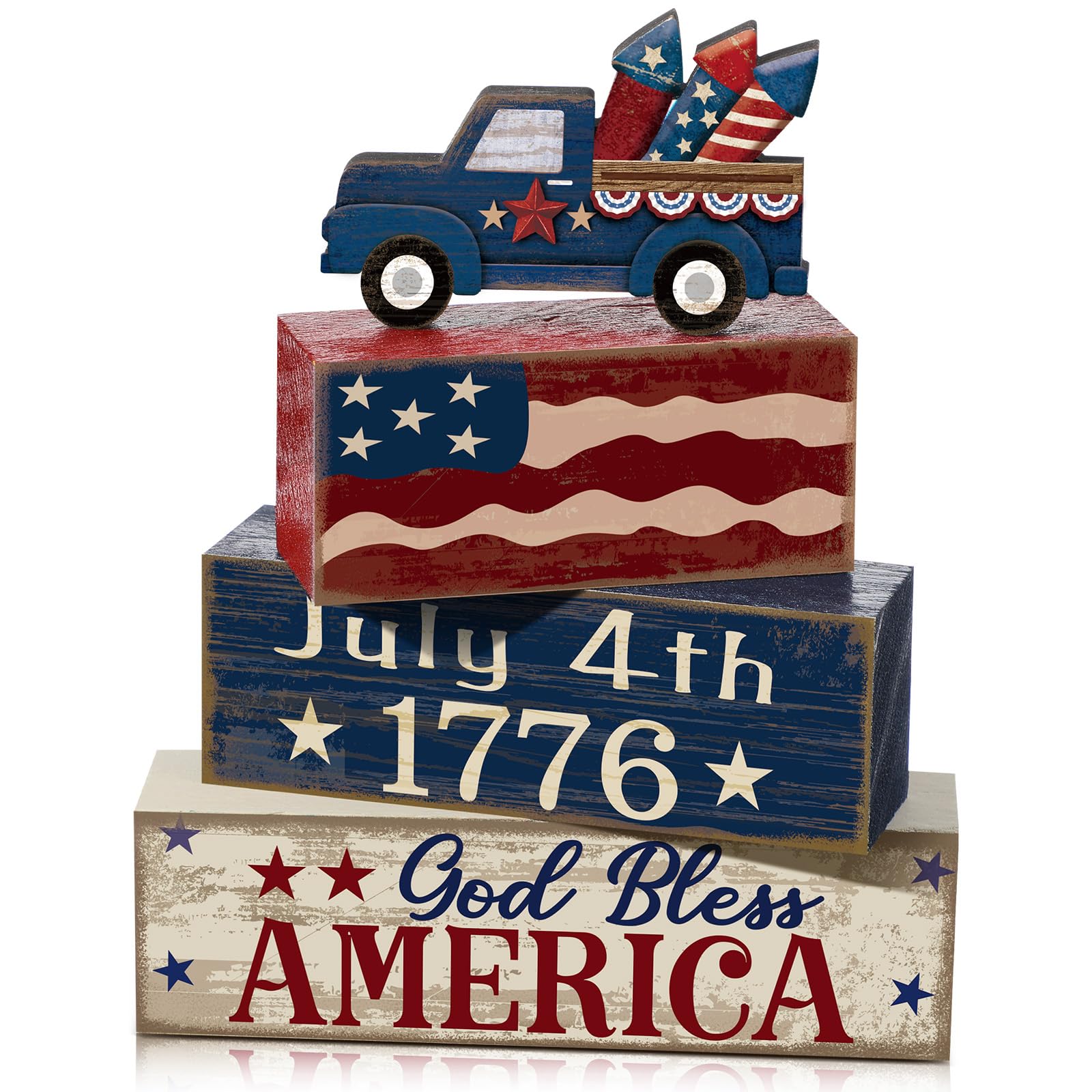 CroBlissful 4 Pcs 4th of July Decorations Patriotic Memorial Day Tabletop Decorations Red White Blue Table Centerpieces Sign for Office Tiered Tray