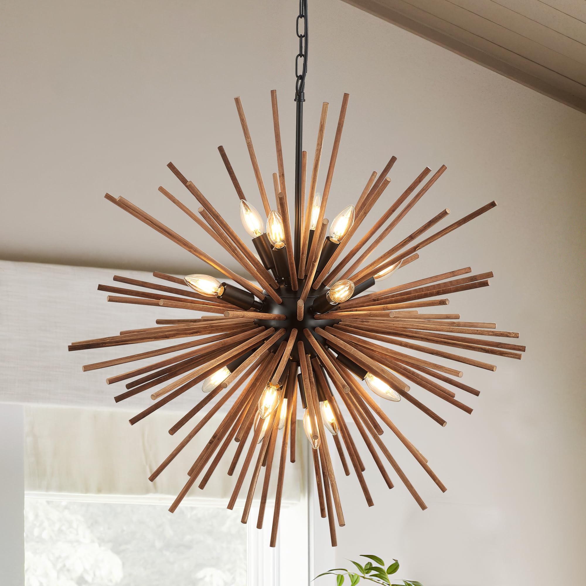 Photo 1 of lighceac 31.3" Farmhouse Sputnik Chandelier for Dining Room Rustic Handmade Natural Wood 16-Light Hanging Ceiling Pendant Light Fixture Starburst Wood Chandeliers for Kitchen Bedroom Foyer Hallway
