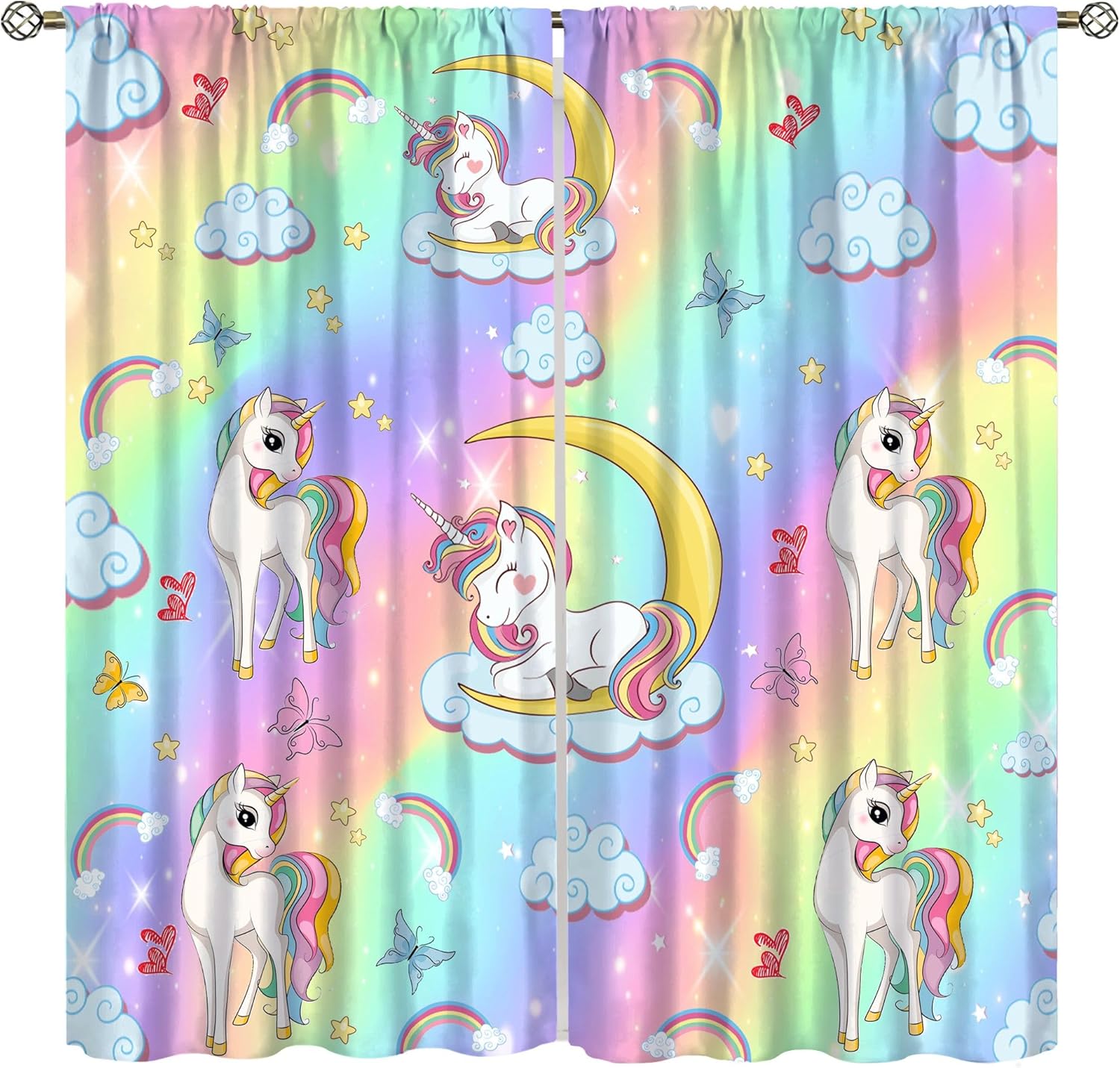 Unicorn Window Curtain,Colorful Rainbow Cute Butterfly Stars Cloud Blackout Curtains Home Decor for Cafe Dining Room Office Living Room Kitchen Bedroom Drapes, 42x45 in