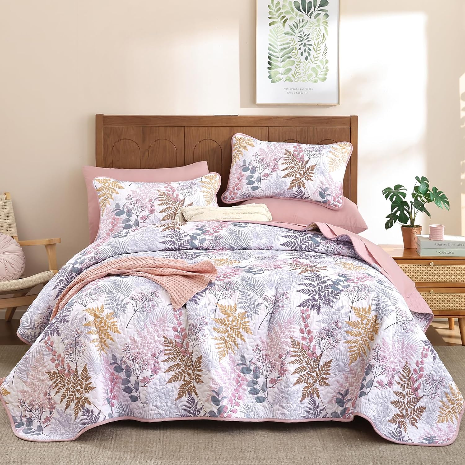 WONGS BEDDING Botanical Quilt Set King Size,Pink Quilt with Colorful Leaves Pattern, 3 Pieces Soft Lightweight Microfiber Coverlet Set with 2 Pillowcases for All Season (104"x90")